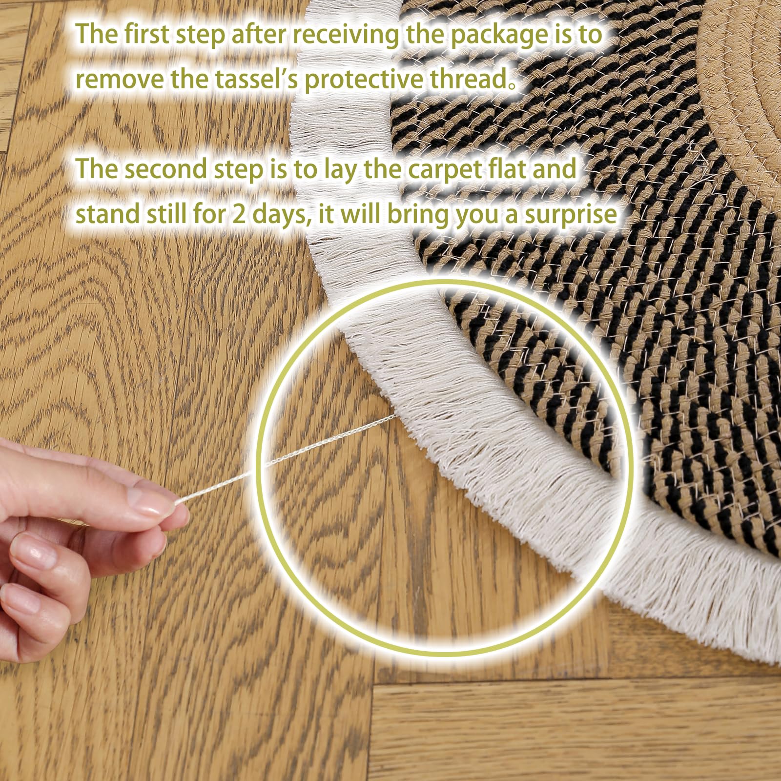 Handwoven 5ft Round Cotton Rope Rug with Tassel Trim – Washable Boho Braided Circle Rug for Living Room, Bedroom, Nursery – Beige & Black, Soft & Durable – Perfect for Bohemian Home Decor, Cozy Floor Mat for Yoga & Meditation Spaces