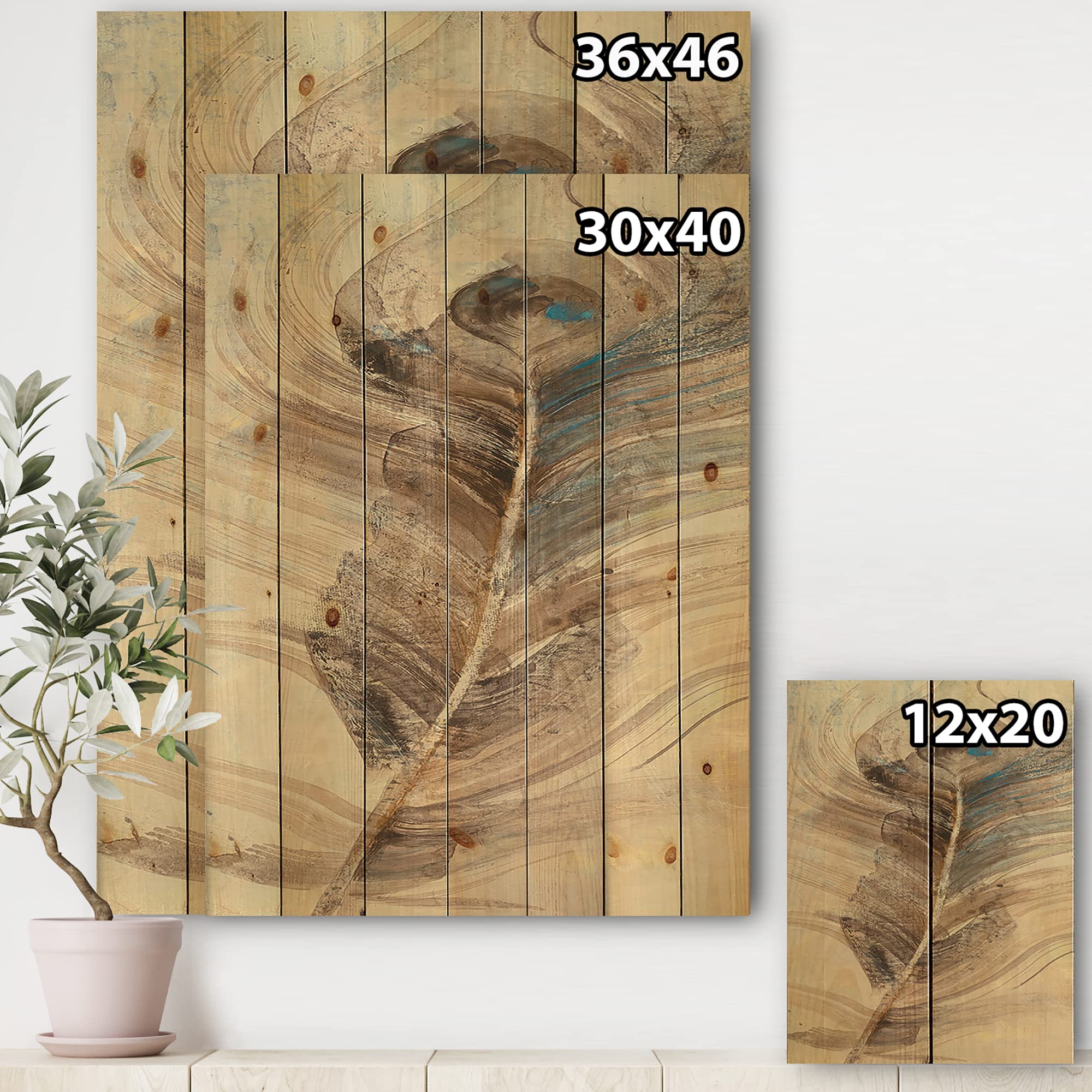 DesignQ Feather Natural Elements Traditional Wood Wall Decor - Blue Wood Wall Art with Large Animal Prints on Natural Pine Wood - Perfect for Living Room, Bedroom & Office Decor