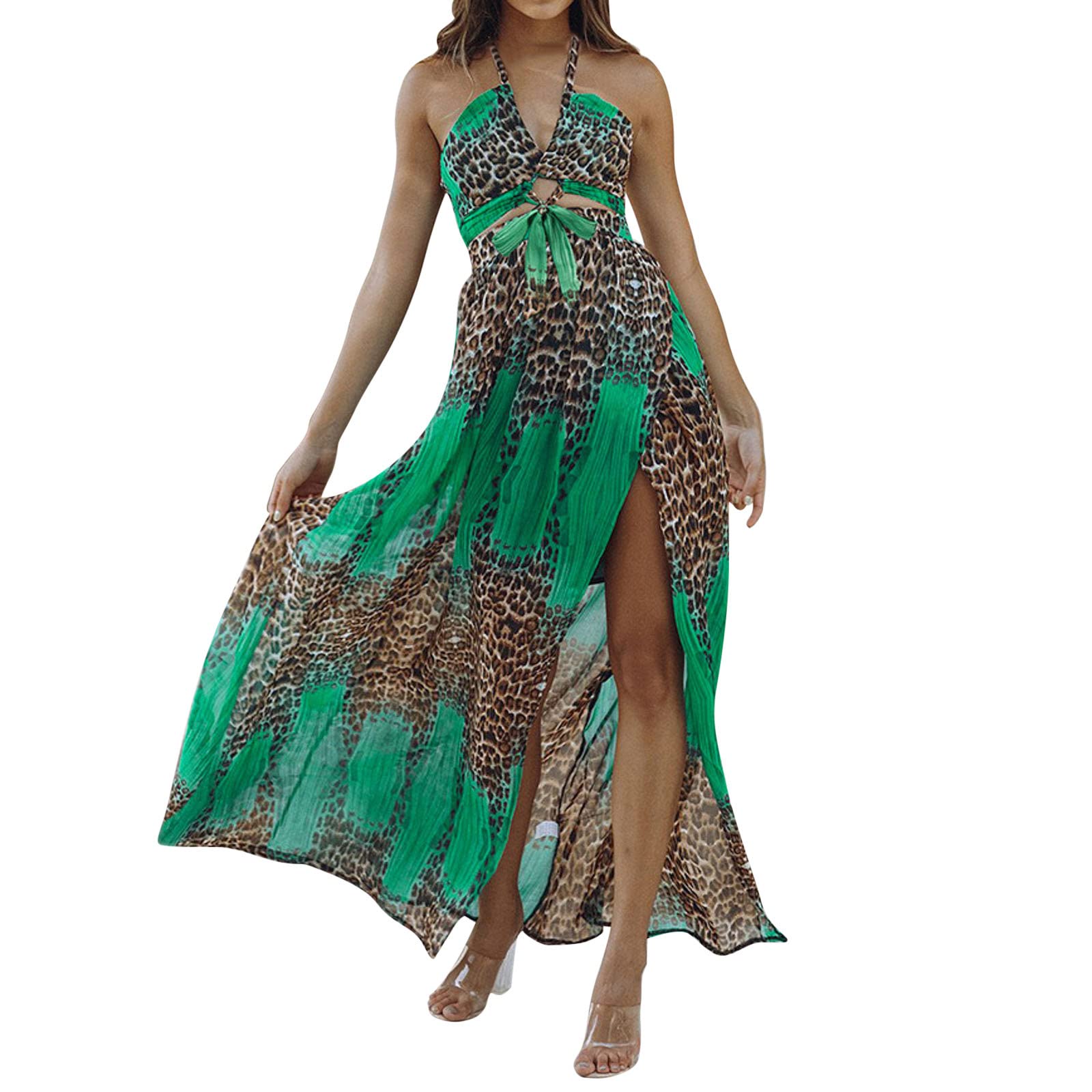 Sexy Leopard Print Chiffon Halter Dress for Women - Open Back Long Evening Dress with Adjustable Ties | Perfect for Date Night, Cocktail Party & Summer Vacation