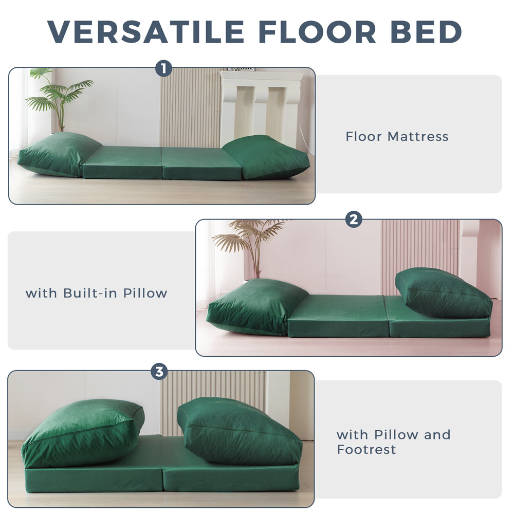 MAXYOYO Velvet Bean Bag Folding Sofa Bed - Washable Cover for Adults, Green | Portable Floor Lounger for Living Room, Bedroom & Dorm