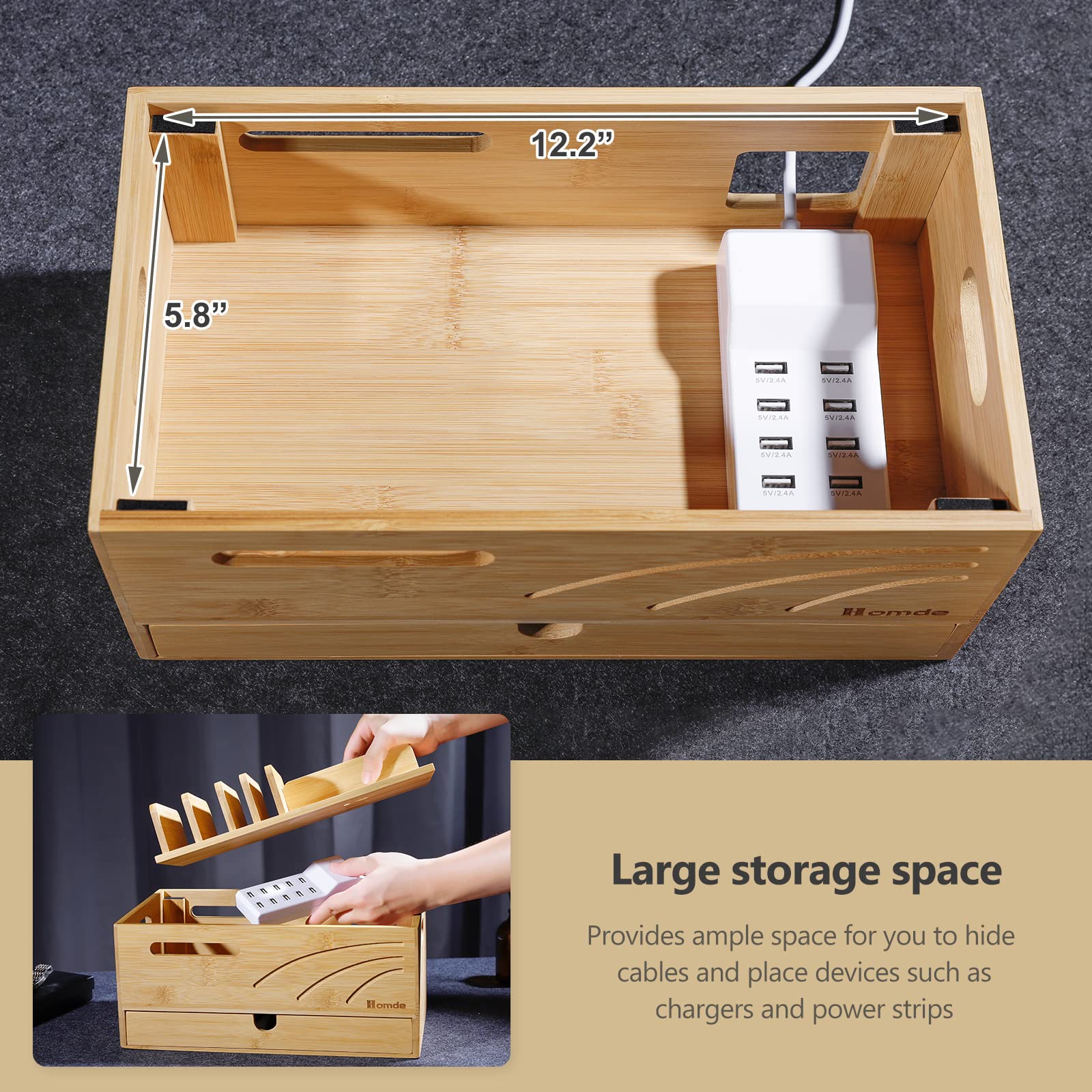 Premium Bamboo Charging Station Organizer - 6-Slot Multi-Device Cord Management Box for Phones, Tablets, Watches & Electronics | Natural Wood Desktop Charger Holder | Perfect for Home, Office & Travel Use