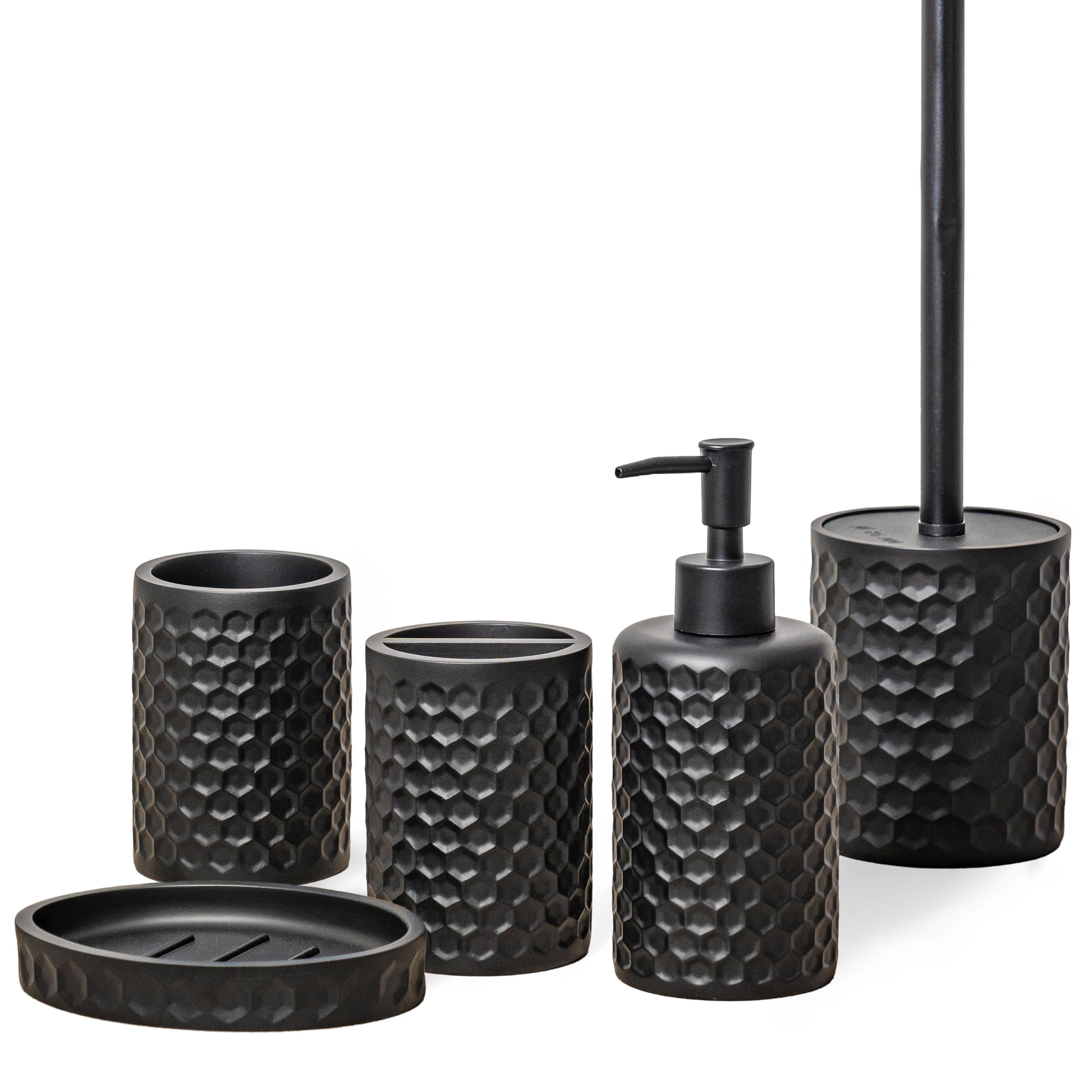 Vintage 5-Piece Bathroom Accessories Set - Soap Dispenser, Toilet Brush, Toothbrush Holder, Tumbler & Soap Dish - Black Countertop Vanity Organizer for Modern Bathroom Decor | Perfect for Home, Hotel & Spa Decorations