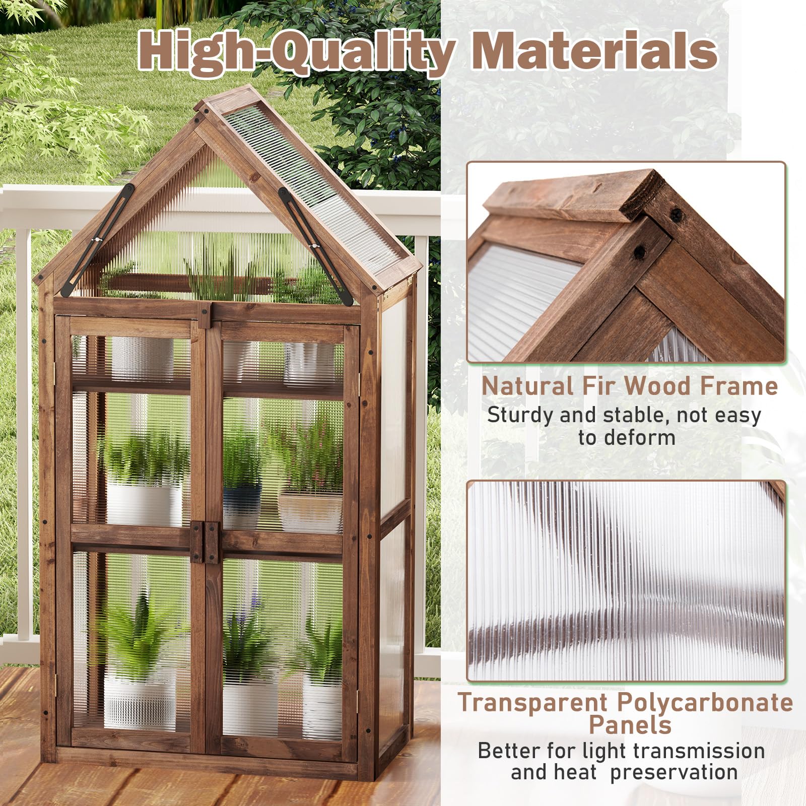 Happygrill Cold Frame - Mini Wooden Greenhouse with Transparent Openable Roof, Raised Flower Planter Shelf & 3 Adjustable Shelves, Polycarbonate Panels - Indoor/Outdoor Small Wood Greenhouse Cabinet for Gardening, Seed Starting & Plant Protection