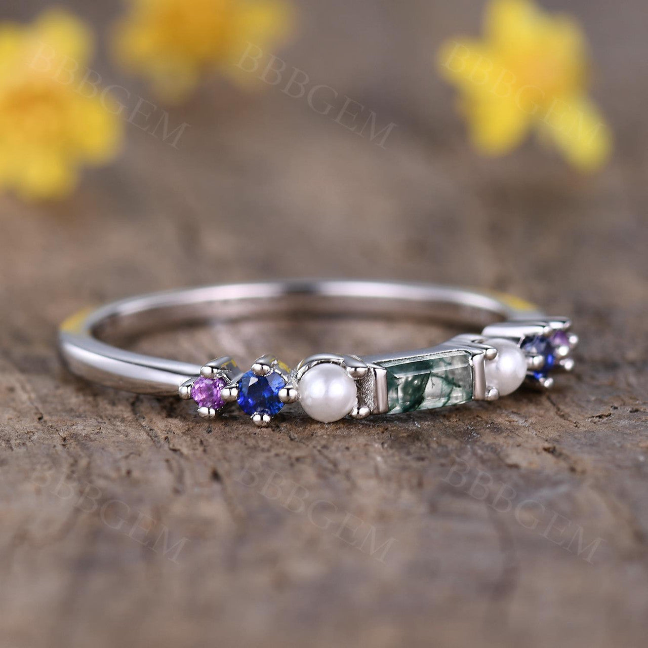 Rainbow Gemstone Family Ring - Green Moss Agate & Pearl Multi-Color Birthstone Band for Women | Perfect for Mother's Day, Anniversary Gifts & Special Occasions