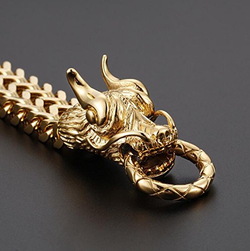 Qiaonitu Gothic Dragon Head Biker Chain Bracelet for Men - Stainless Steel Curb Link Bracelet in Gold | Perfect for Motorcycle Enthusiasts, Gothic Fashion & Punk Style Accessories