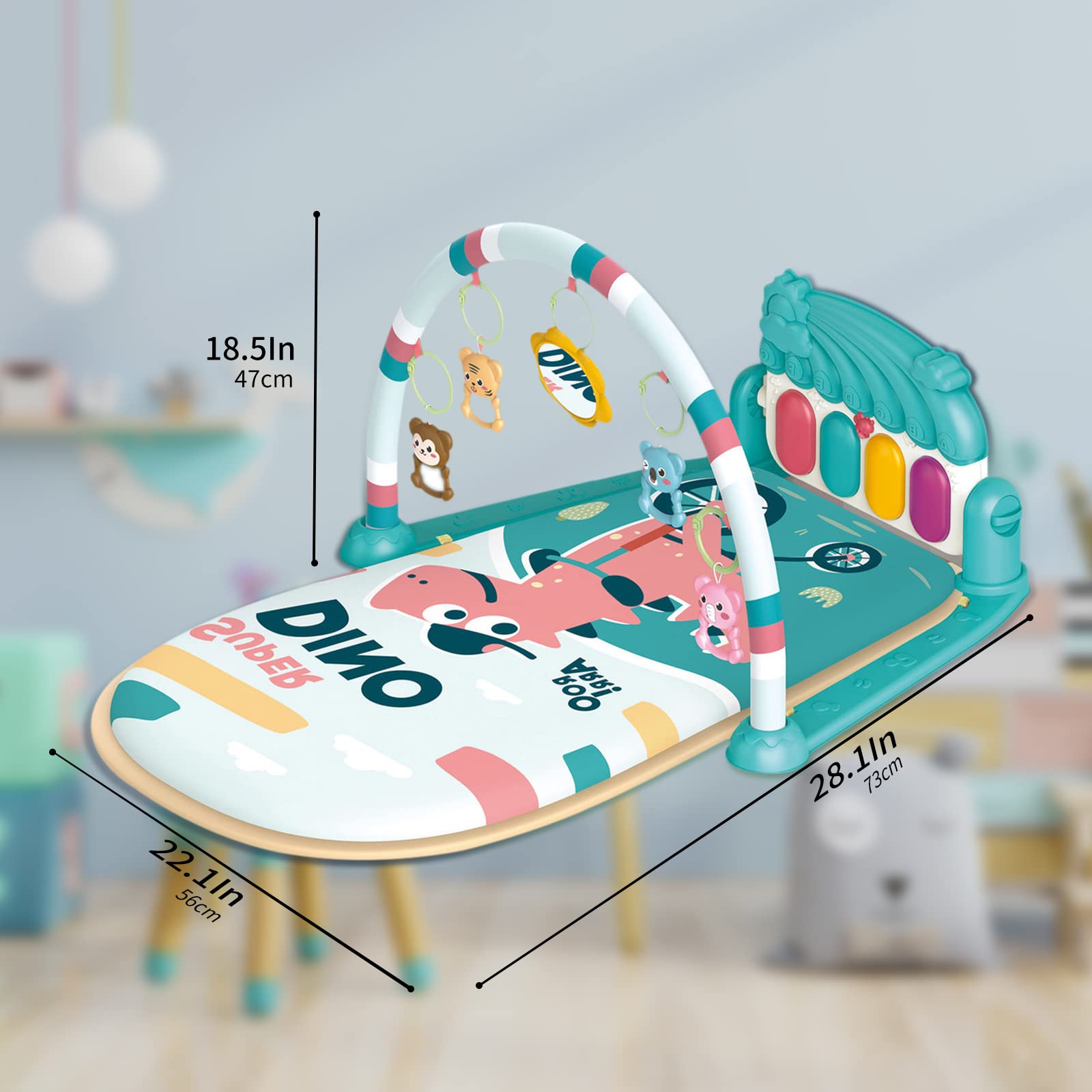 Dearlomum Baby Play Mat & Gym - Interactive Piano Tummy Time Activity Mat with 5 Sensory Toys, Music & Lights | Developmental Toy for Newborn to 12 Months | Perfect Gift for Boys & Girls (Blue) | Great for Floor Play, Sensory Development & Early Learning Activities