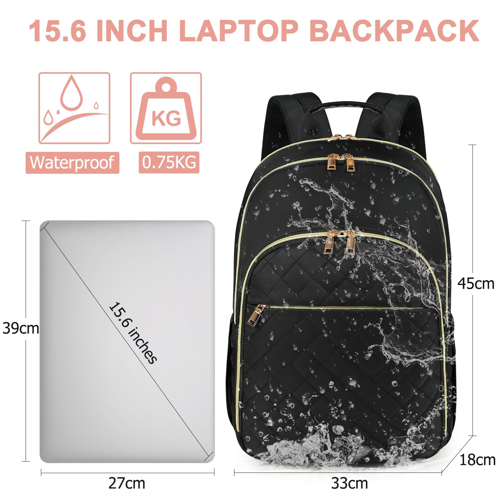 15.6 Inch Women's Travel Backpack - TSA Friendly Carry On Laptop Backpack with USB Charging Port & Headphone Jack, Waterproof College School Business Backpack (Black) - Perfect for Air Travel, Commuting & Campus Life