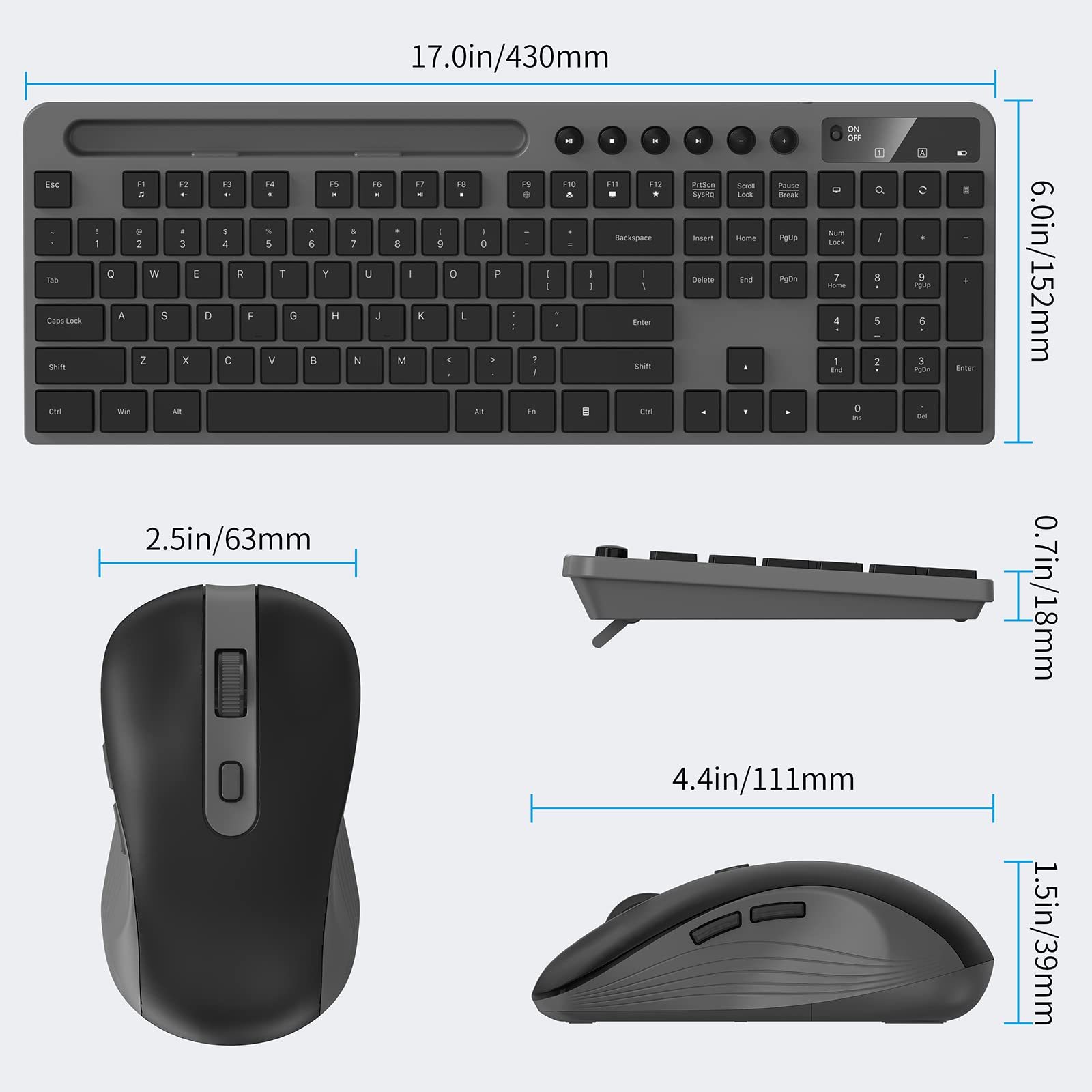 MARVO 2.4G Wireless Keyboard and Mouse Combo - Ergonomic Design with Silent 6-Button Mouse & Phone/Tablet Holder - Compatible with MacBook & Windows PC (Grey) - Perfect for Home Office, Gaming & Remote Work