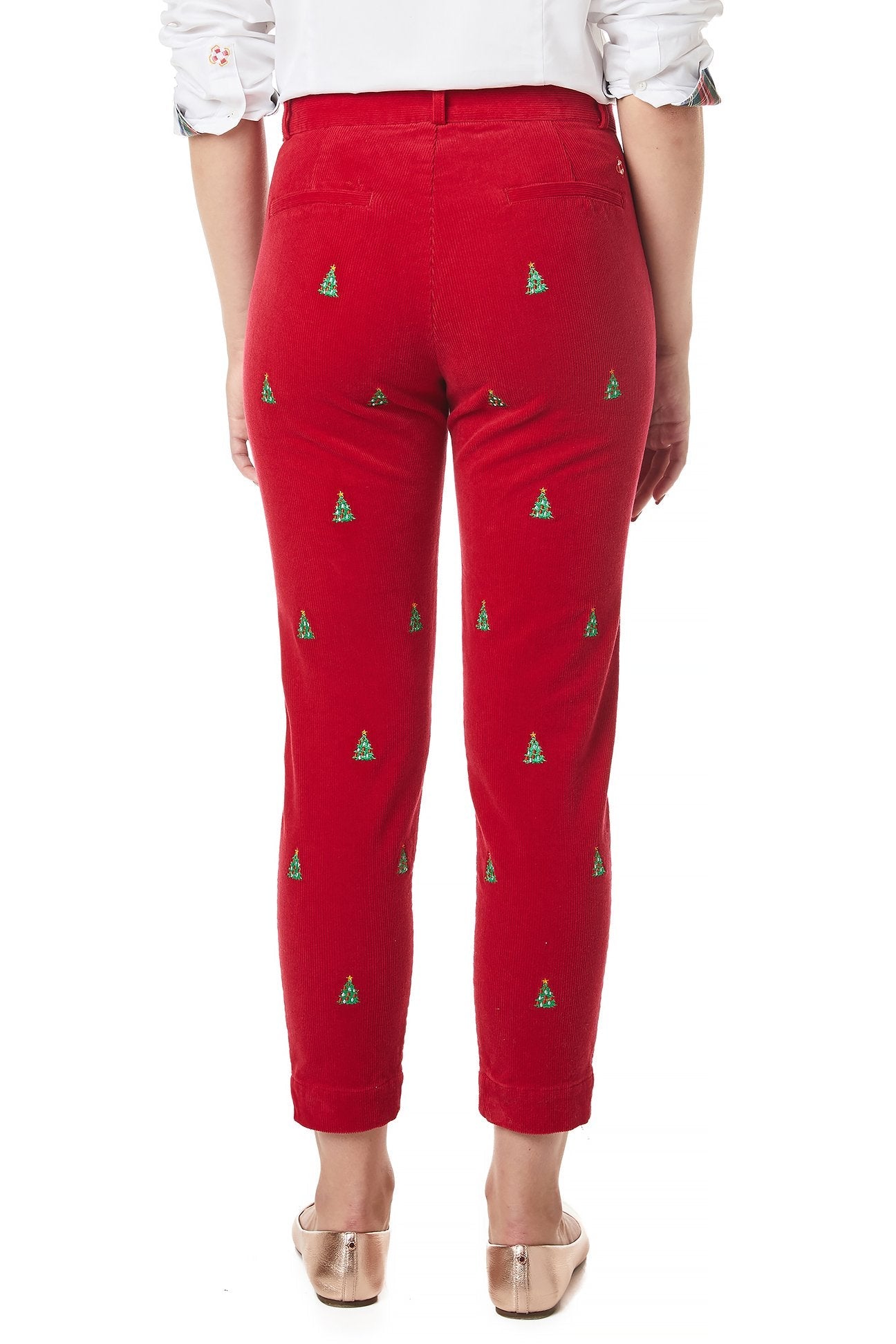 Women's Stretch Corduroy Capri Pants in Crimson Red - Comfortable Ankle-Length Beachwear for Christmas Vacation & Holiday Parties