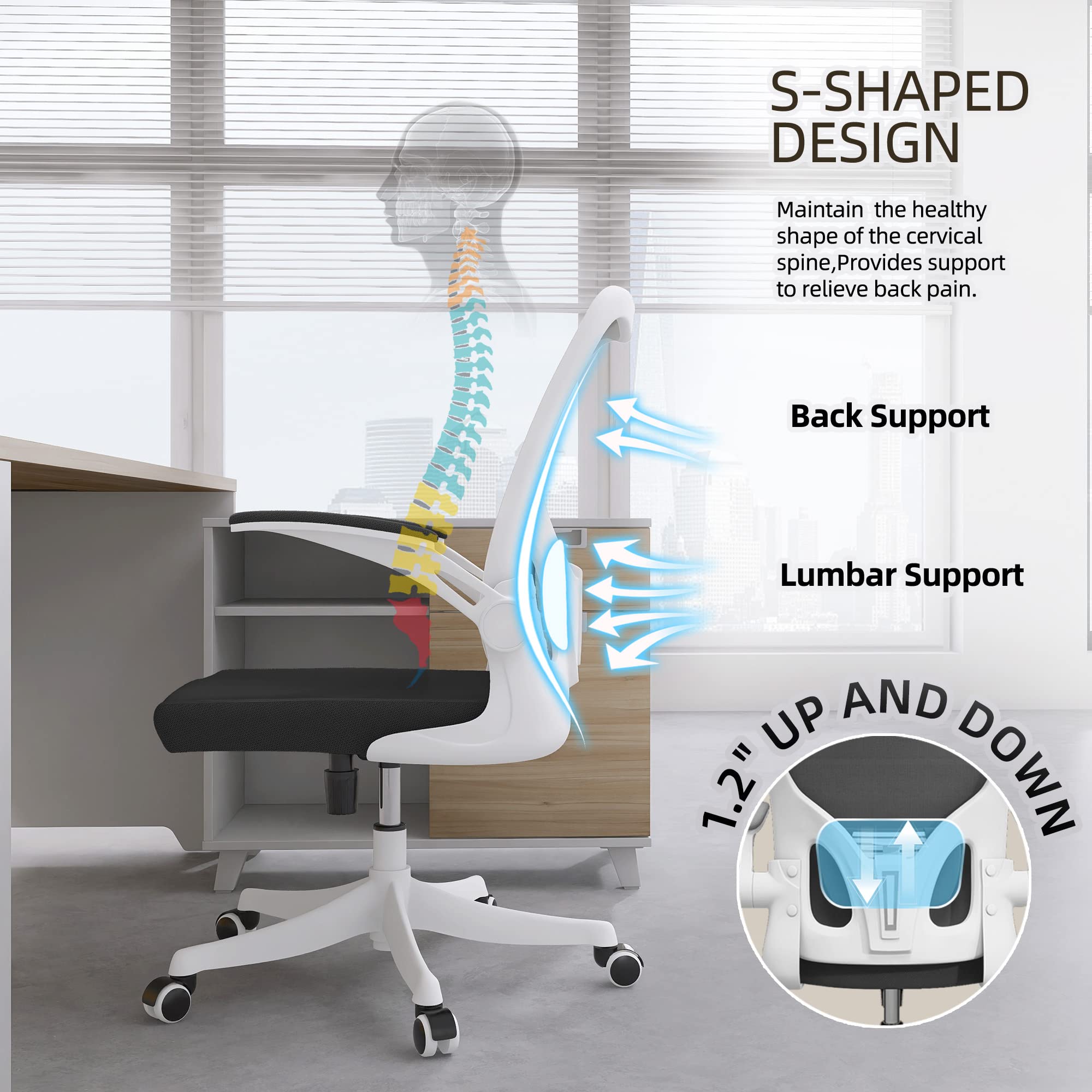 Monhey Ergonomic Office Chair with Lumbar Support - High Back Mesh Computer Desk Chair with Flip-Up Arms, Swivel & Rocking Function - White Frame & Black Mesh - Perfect for Home Office, Study & Workspace