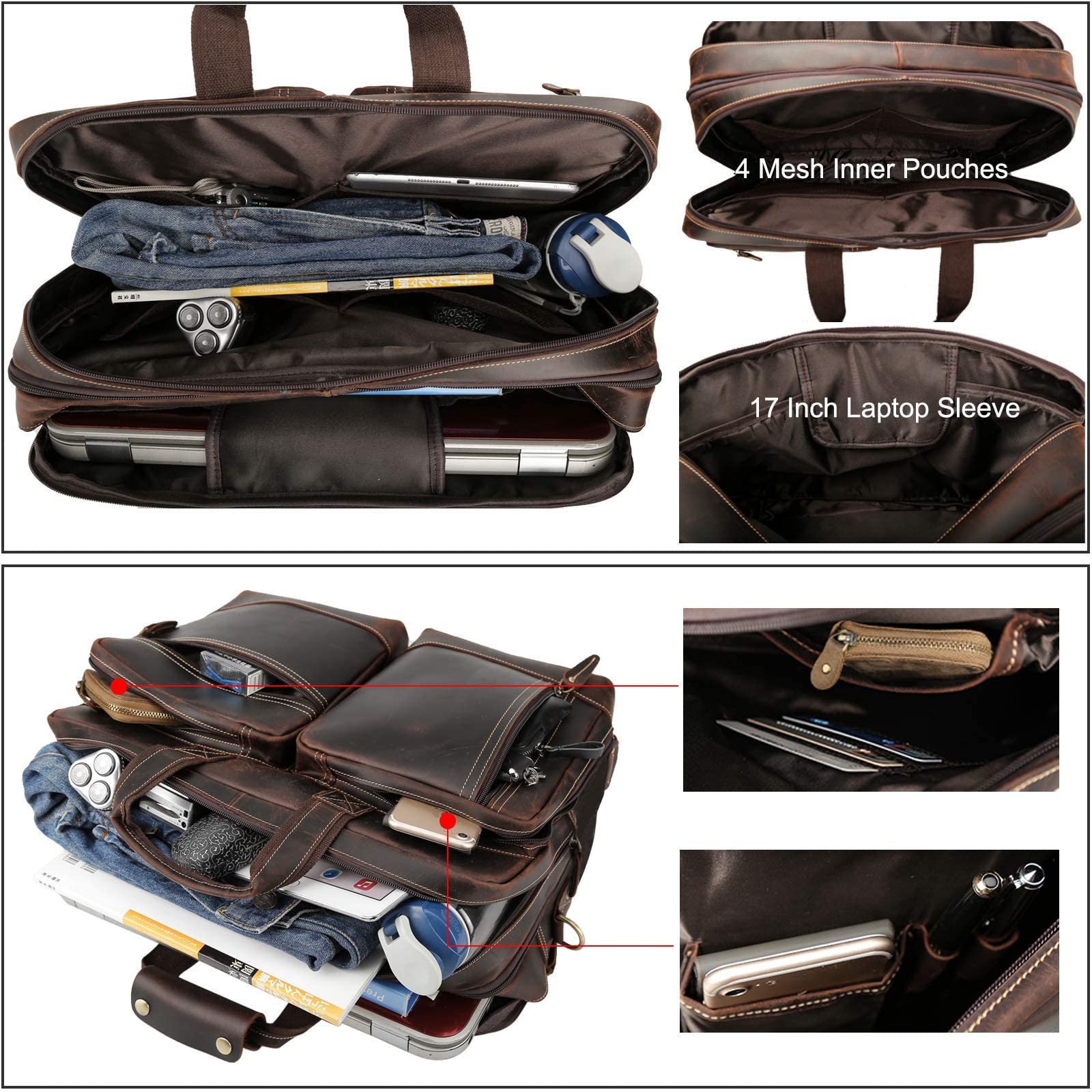 Premium Genuine Leather Briefcase for Men - Expandable 17 Inch Laptop Bag with Shoulder Strap - Business Travel Attache Case & Work Commuter Bag - Ideal for Office Professionals and Business Trips