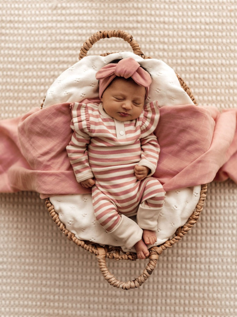 Organic Ribbed Baby Growsuit - Snuggle Hunny Rose Stripe - Soft Cotton Infant Romper for Newborns & Toddlers - Perfect for Playtime, Naptime & Photo Shoots