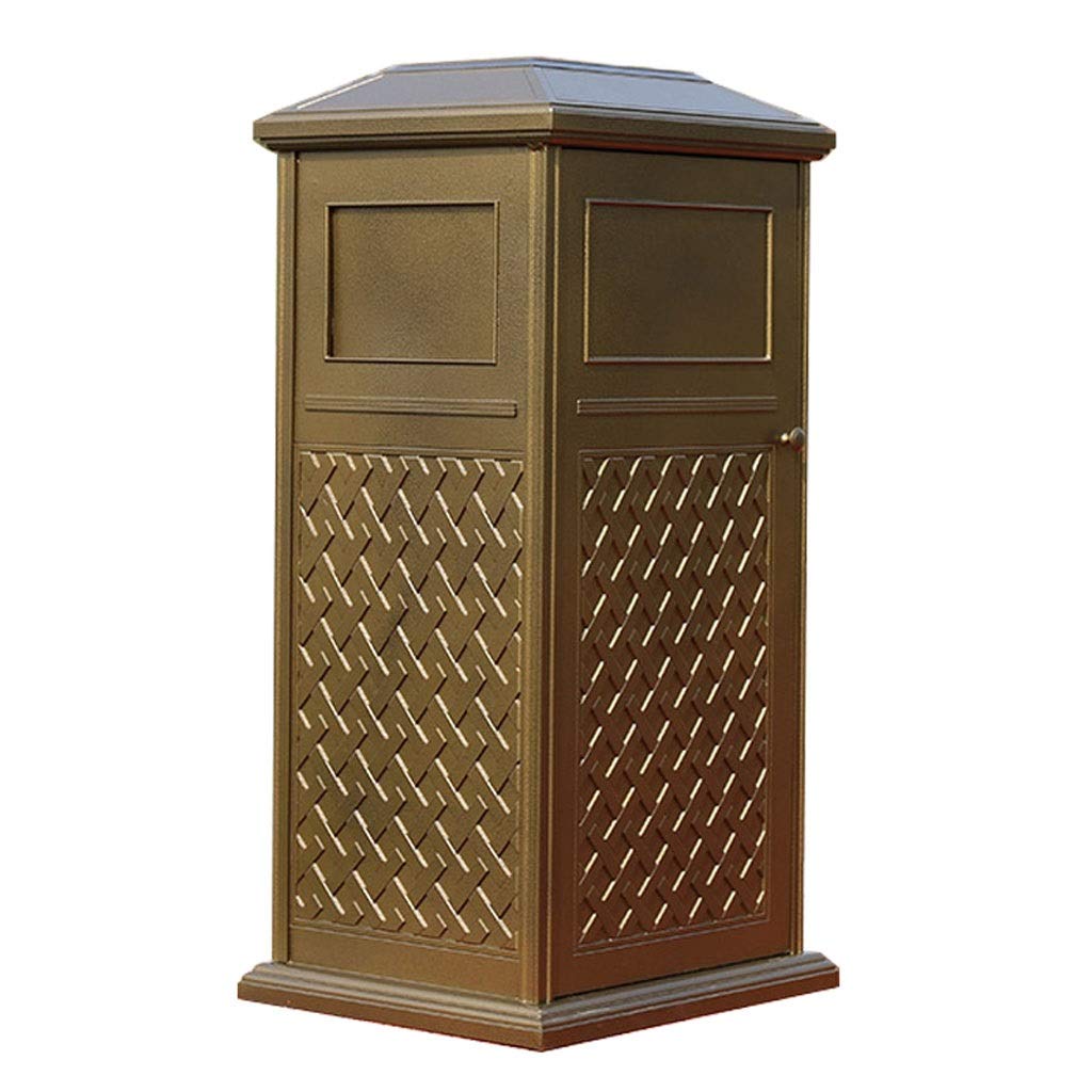 Luxury Cast Aluminum Square Trash Can with Ashtray - Gold Kitchen & Outdoor Garbage Bin for Villa, Garden, Patio - Durable Waste Bin for Home, Office & Restaurant Use