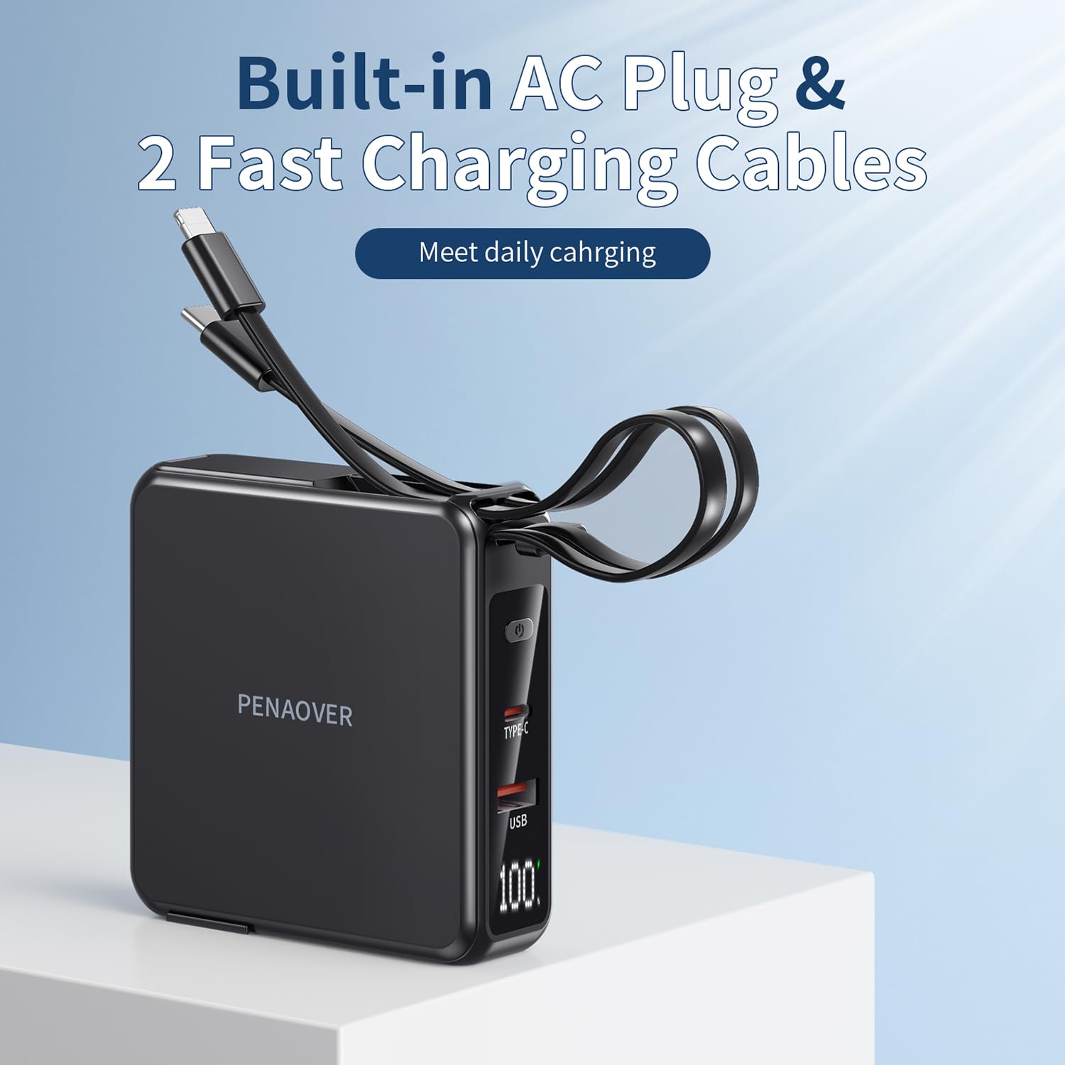 10000mAh Portable Charger with Built-in Cables & AC Wall Plug - 22.5W PD Fast Charging Power Bank, Wireless Charger for iPhone 16/15/14, Samsung S23/S22, Android Phones - Perfect for Travel, Camping & Emergency Power Backup