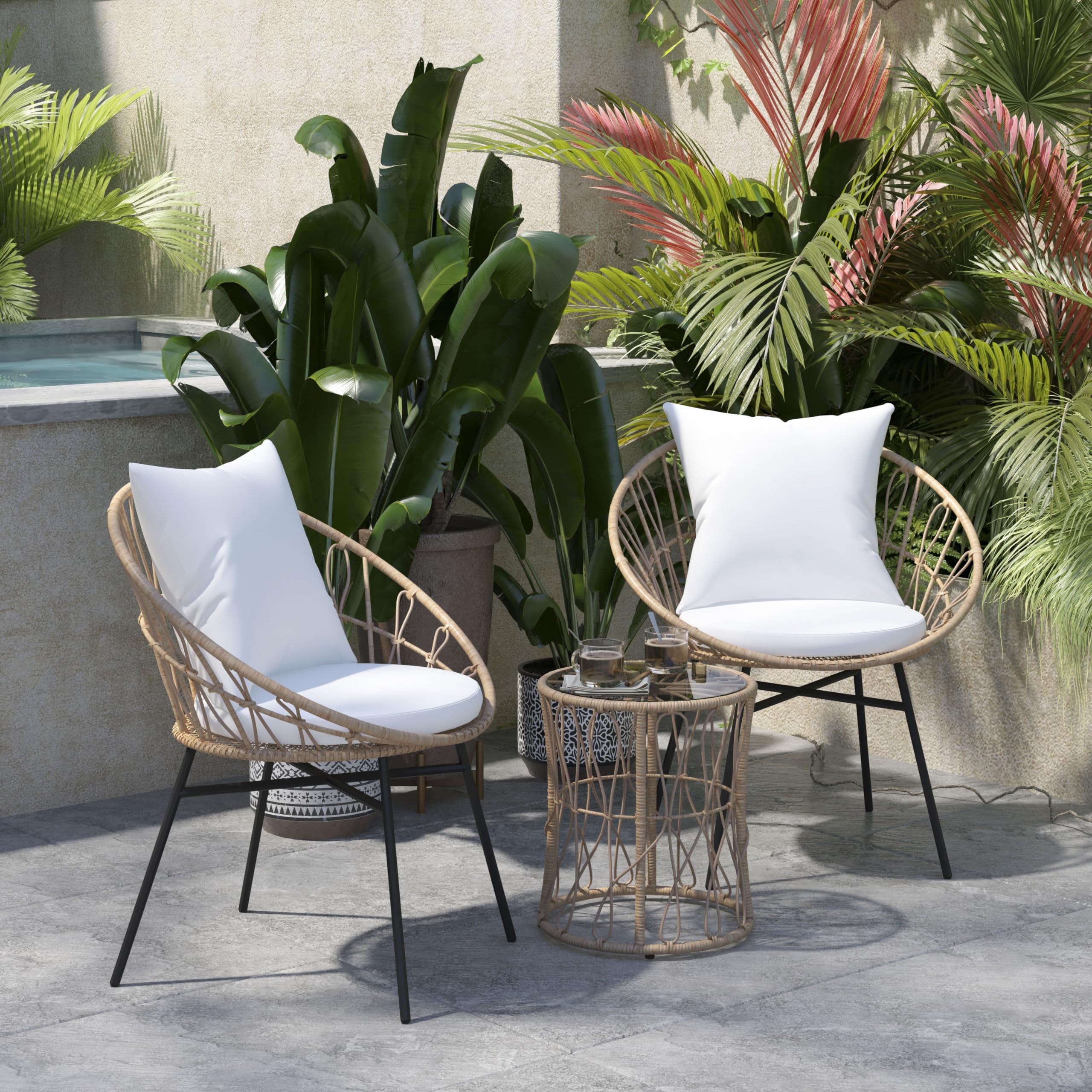 Devon 3-Piece Indoor/Outdoor Bistro Set - Tan Rattan Papasan Chairs with Glass Top Table & Gray Cushions - Perfect for Patio, Garden, Balcony or Sunroom Relaxation