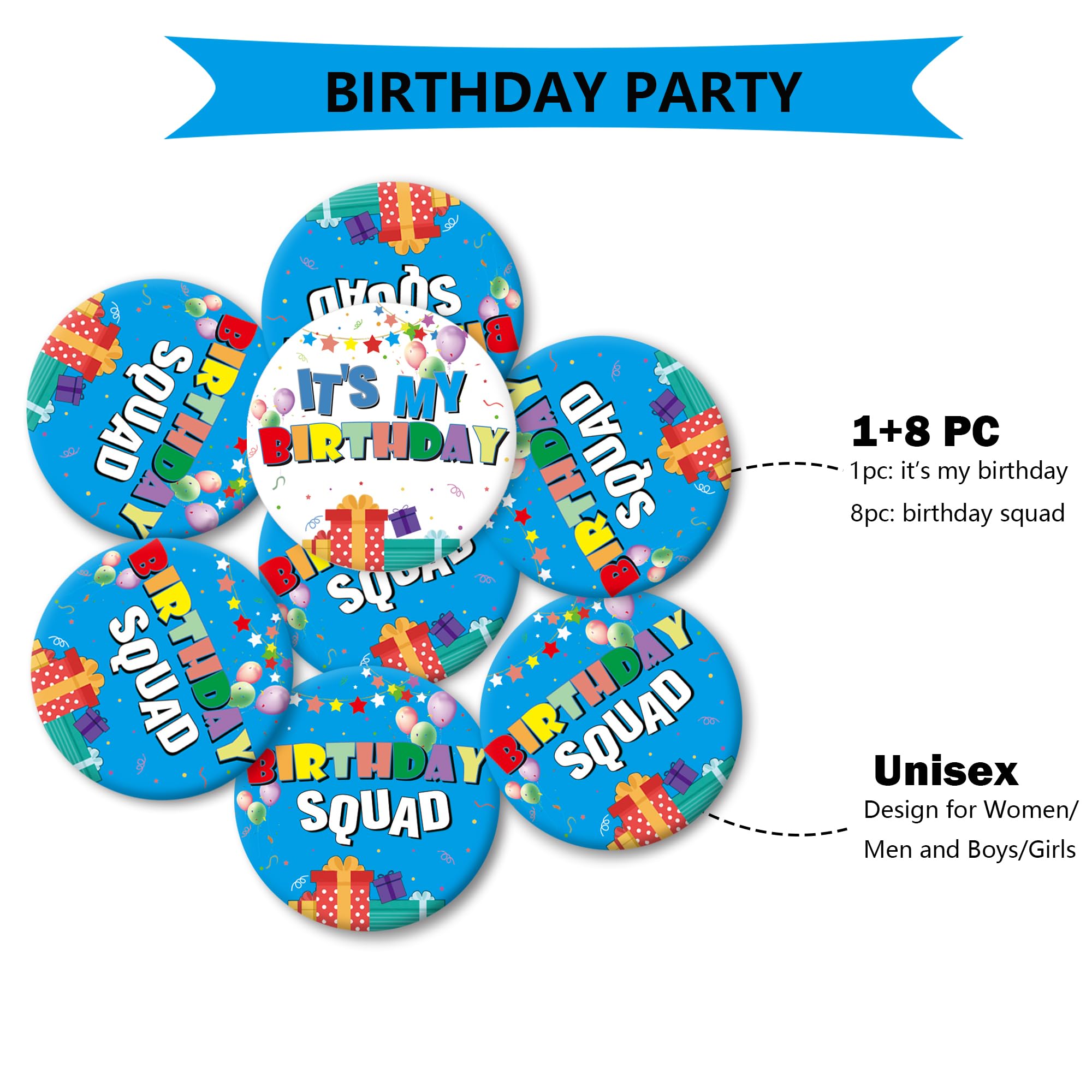 9pcs Birthday Pin Set - Its My Birthday Pin & Birthday Squad Pins (2.3inch) for Women & Men - Birthday Girl & Boy Buttons - Party Decorations & Gifts - Perfect for Birthday Parties, Celebrations & Group Events