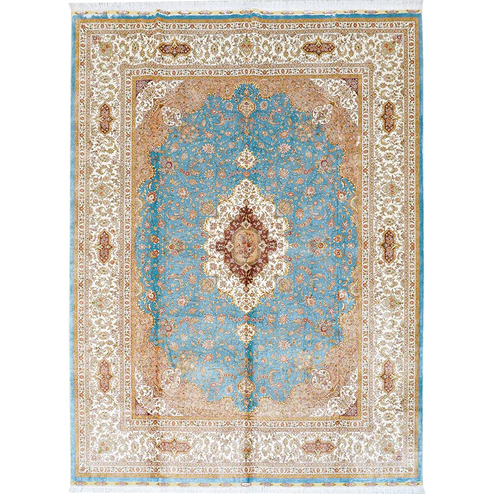 Yilong 9x12ft Silk Hand-Woven Oriental Persian Area Rug - Floral Blue Large Carpet for Living Room, Bedroom & Home Office Decor | Luxurious Handmade Floor Covering
