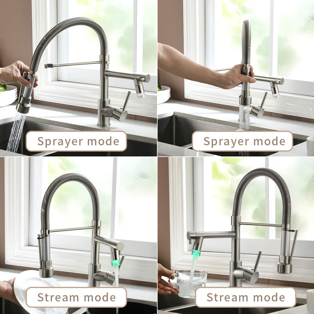 Fapully Brushed Nickel LED Kitchen Faucet with Sprayer for Modern Homes