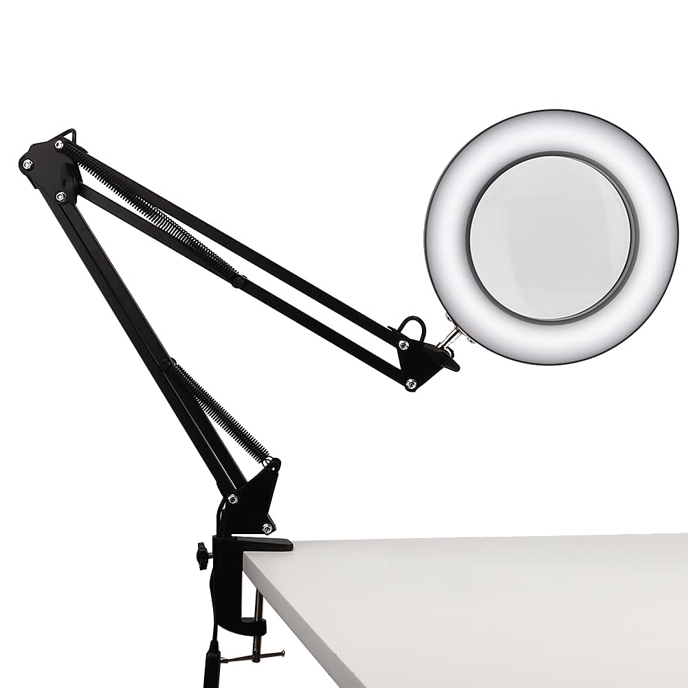360° Adjustable Clip-On Magnifying Lamp with LED Light - 5X Magnifier for Jewelry Making, Arts & Crafts, Reading, Repair Work - Perfect for Hobbyists & Professionals (Black)