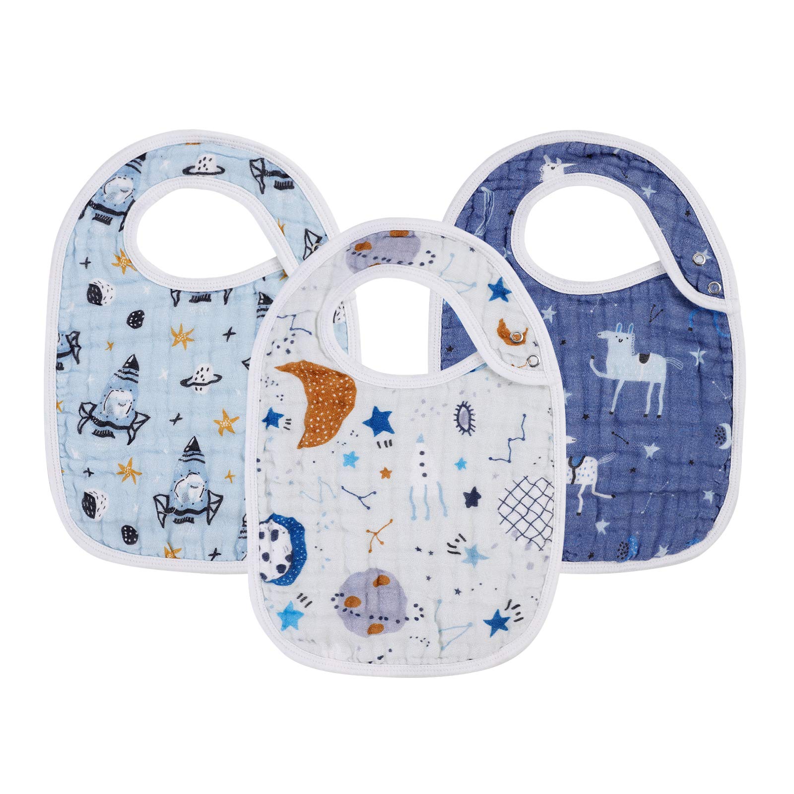 Starry Tales 100% Cotton Snap Muslin Baby Bibs for Boys & Girls - 3-Layer Absorbent & Soft, Adjustable & Machine Washable - Perfect for Newborns, Infants & Toddlers (Great for Feeding, Drooling & Mealtime Mess Protection)