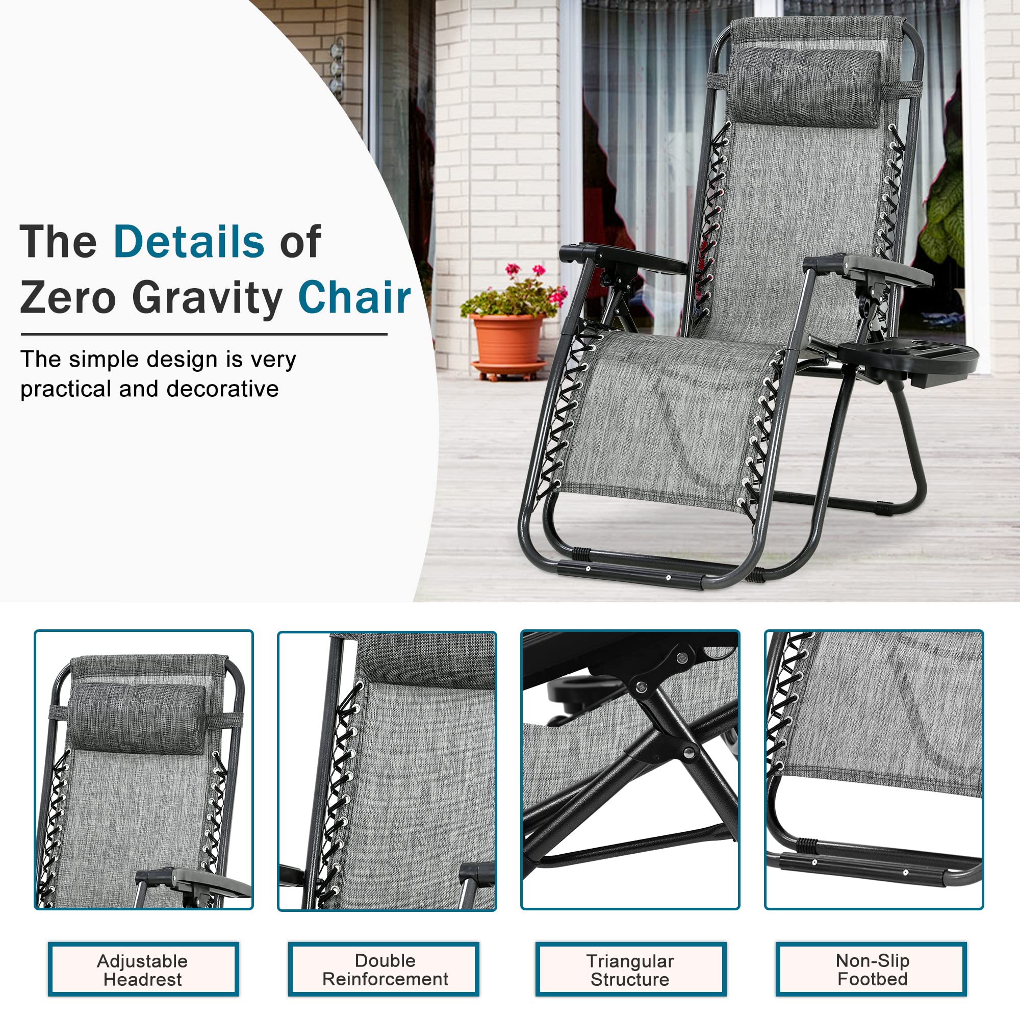 Zero Gravity Chair Set of 2 - Adjustable Folding Outdoor Lounge Chairs with Removable Pillow & Cup Holder | Portable Mesh Recliners for Patio, Beach, Camping, Poolside & Backyard Relaxation (Grey)