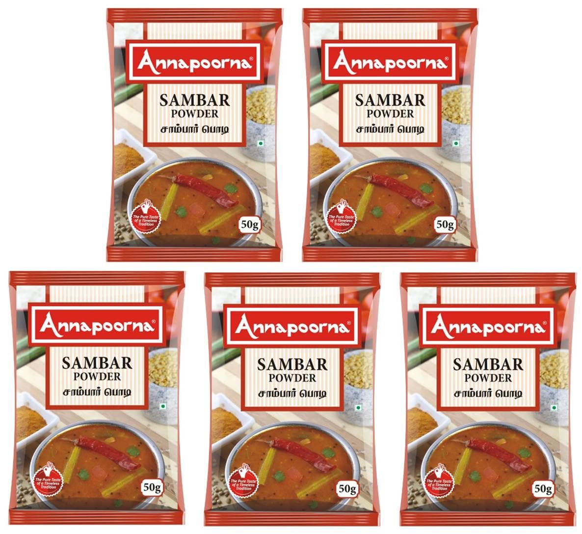 ANNAPOORNA Sambar Powder 50g | Pack of 5 (250g Total) | Authentic South Indian Spice Blend | Gluten-Free & Vegan | Perfect for Sambar, Curries & Rice Dishes | Since 1975 | Great for Home Cooking & Indian Cuisine Lovers