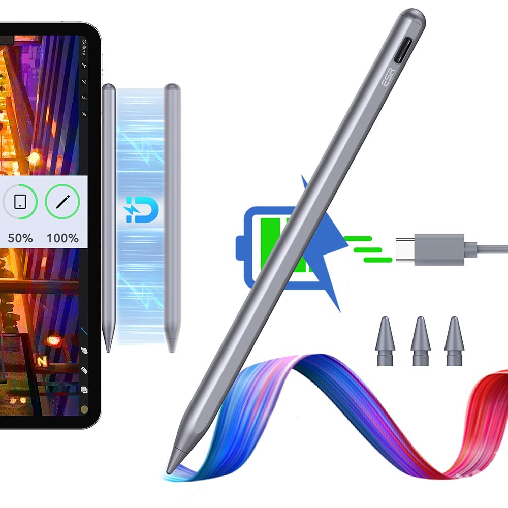 ESR 2nd Gen Magnetic Wireless Charging Stylus Pen for iPad - Tilt Sensitivity & Palm Rejection Compatible with iPad Pro 12.9/11, iPad Air 5/4, iPad Mini 6 (Dark Silver) | Perfect for Digital Art, Note-Taking & Professional Design Work