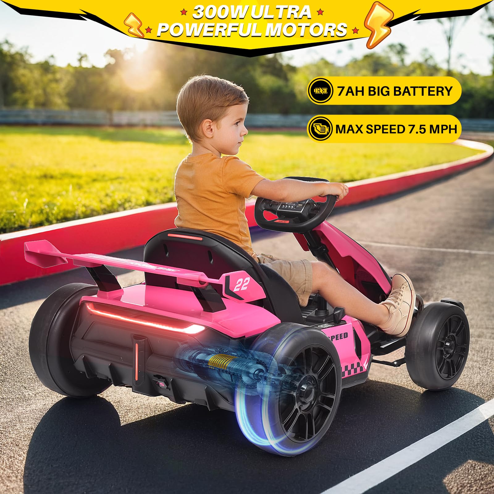 Blitzshark 24V 300W Electric Kids Go Kart - Powerful Drift Kart with Dual 150W Motors, 7AH Battery & EVA Tires - Adjustable Length, Brake Pedal, Sports/Drift Modes (Rose Pink) - Perfect for Outdoor Racing, Backyard Fun & Birthday Gifts for Boys & Girls Ages 6-12