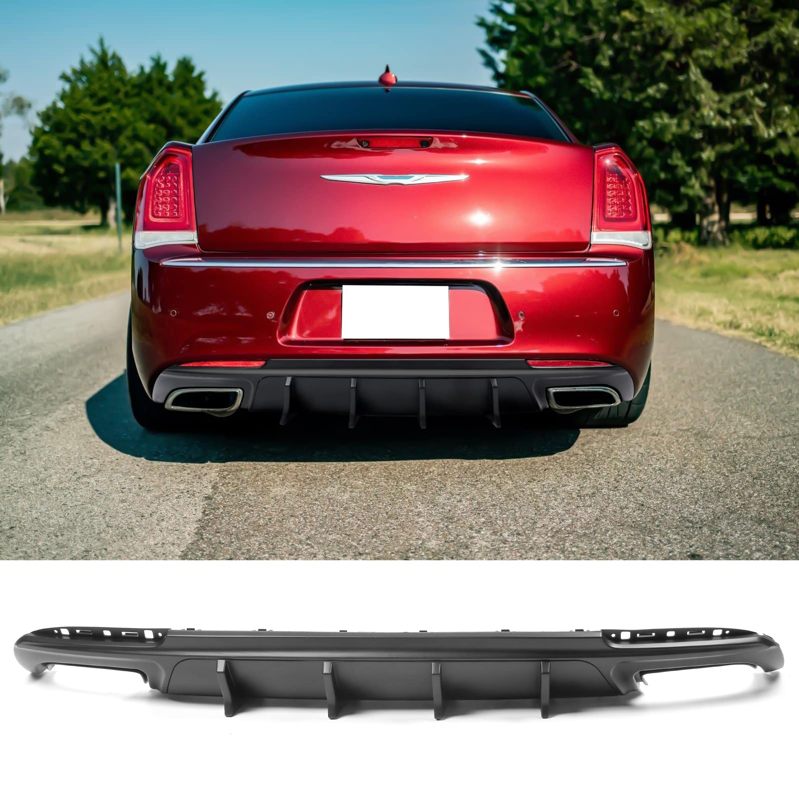 FREEMOTOR802 Rear Diffuser Compatible with 2015-2023 Chrysler 300 - IKON V2 Style Matte Black PP Bumper Lip Valance Diffuser & Shark Fin Splitter (2-Piece Set) | Upgrade Your Car's Rear Styling & Aerodynamics