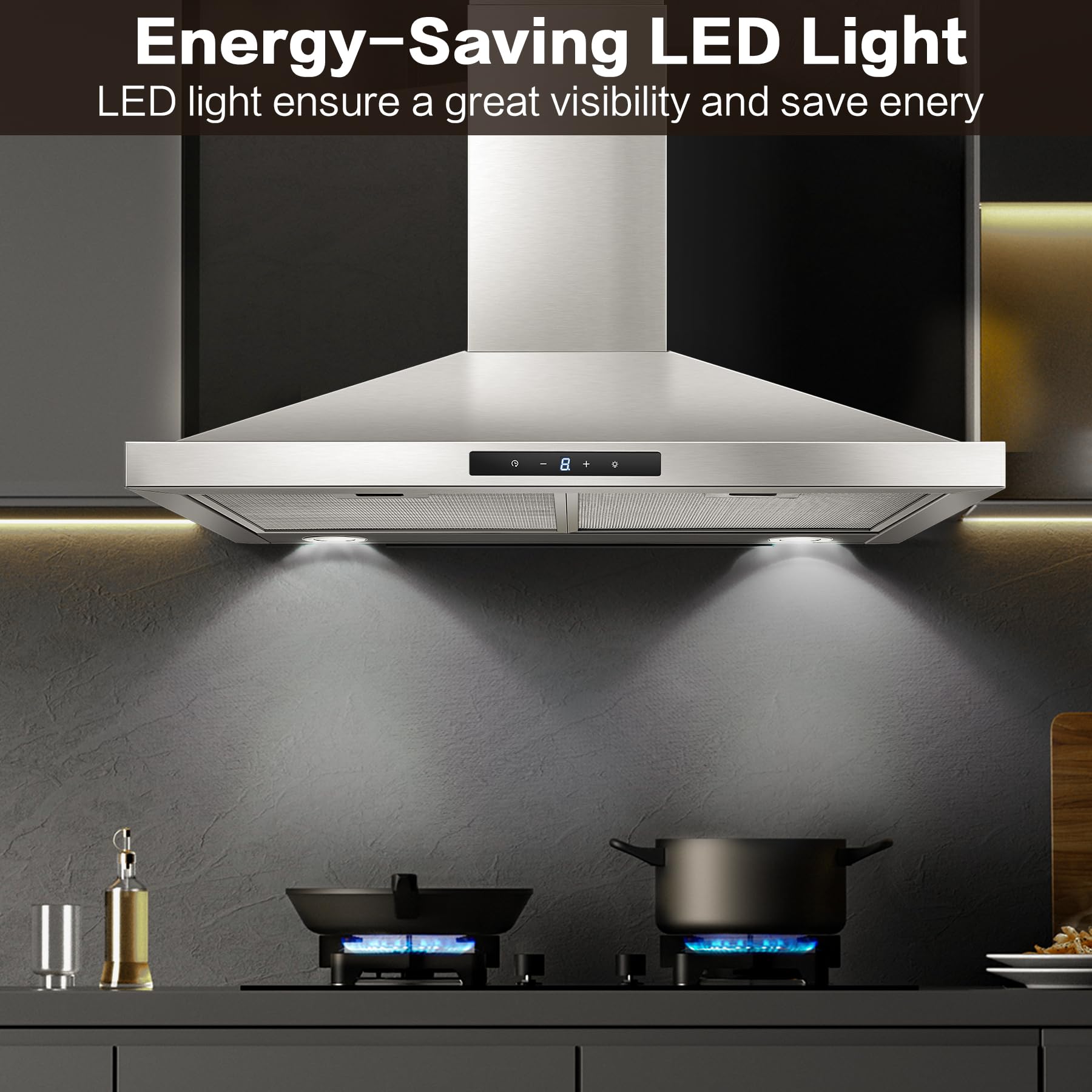 30 Inch Stainless Steel Range Hood - Wall Mount Kitchen Vent Hood with 3 Speed Settings, Touch Control, 5-Layer Mesh Filters & LED Lights | Ducted/Ductless Convertible for Home, Restaurant & Commercial Kitchen Use
