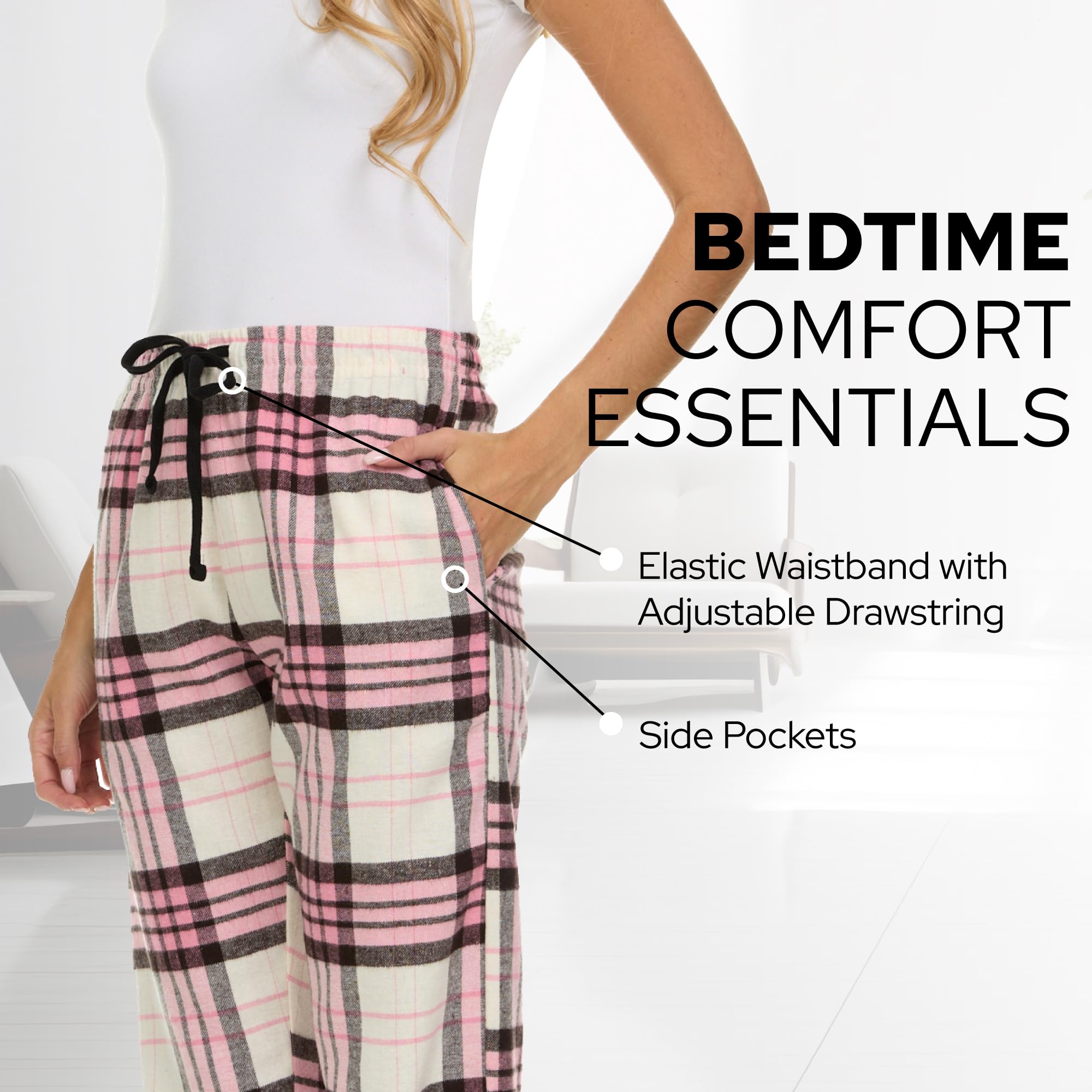 Women's Flannel Plaid Pajama Pants - 3 Pack Soft Cotton Blend Lounge Pants for Sleeping, Relaxing & Home Comfort - Cozy Winter Sleepwear for Women