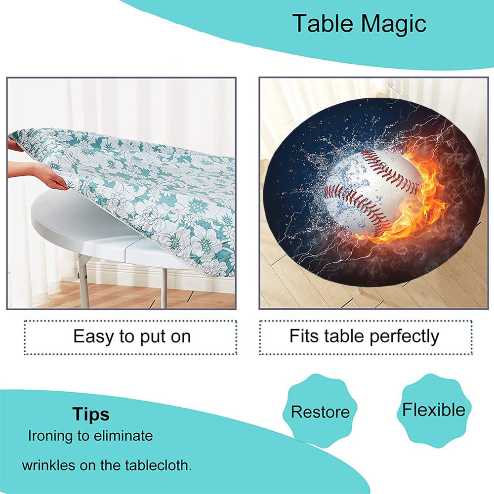 Elastic Edge Sports Round Tablecloth - Baseball & Water Splash Print - Fits 44 Inch Dining Table - Dark Blue & Burgundy - Perfect for Parties, BBQs, Camping & Game Day Decorations