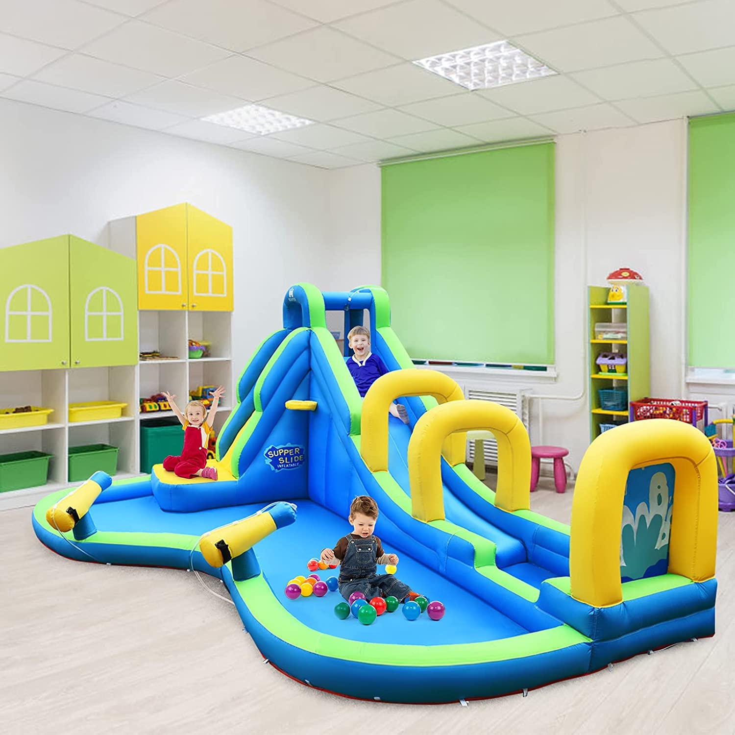 **HONEY JOY 5-in-1 Inflatable Water Slide Park with Water Cannons & Long Slide - Indoor/Outdoor Bouncy Castle for Kids & Adults - Backyard Summer Fun (Includes 750W Blower)**    **Perfect for:** Backyard parties, summer gatherings, family fun, kids' birthdays, and outdoor water play.