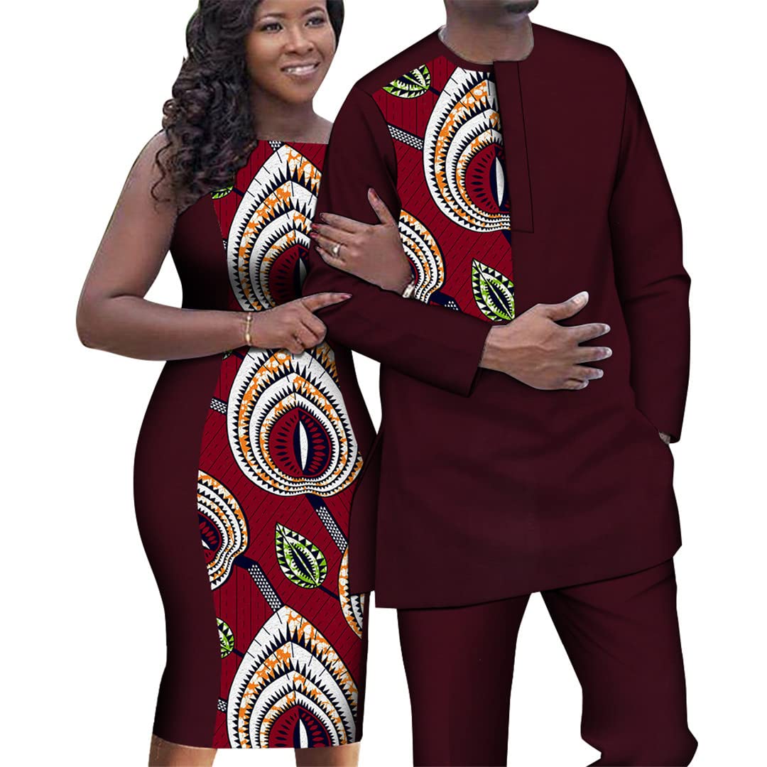 African Couple Outfits - Women's Sleeveless Slim Dress & Men's Dashiki Shirt & Pants Set (3XL) - Perfect for Weddings, Cultural Events & Matching Couple Outfits