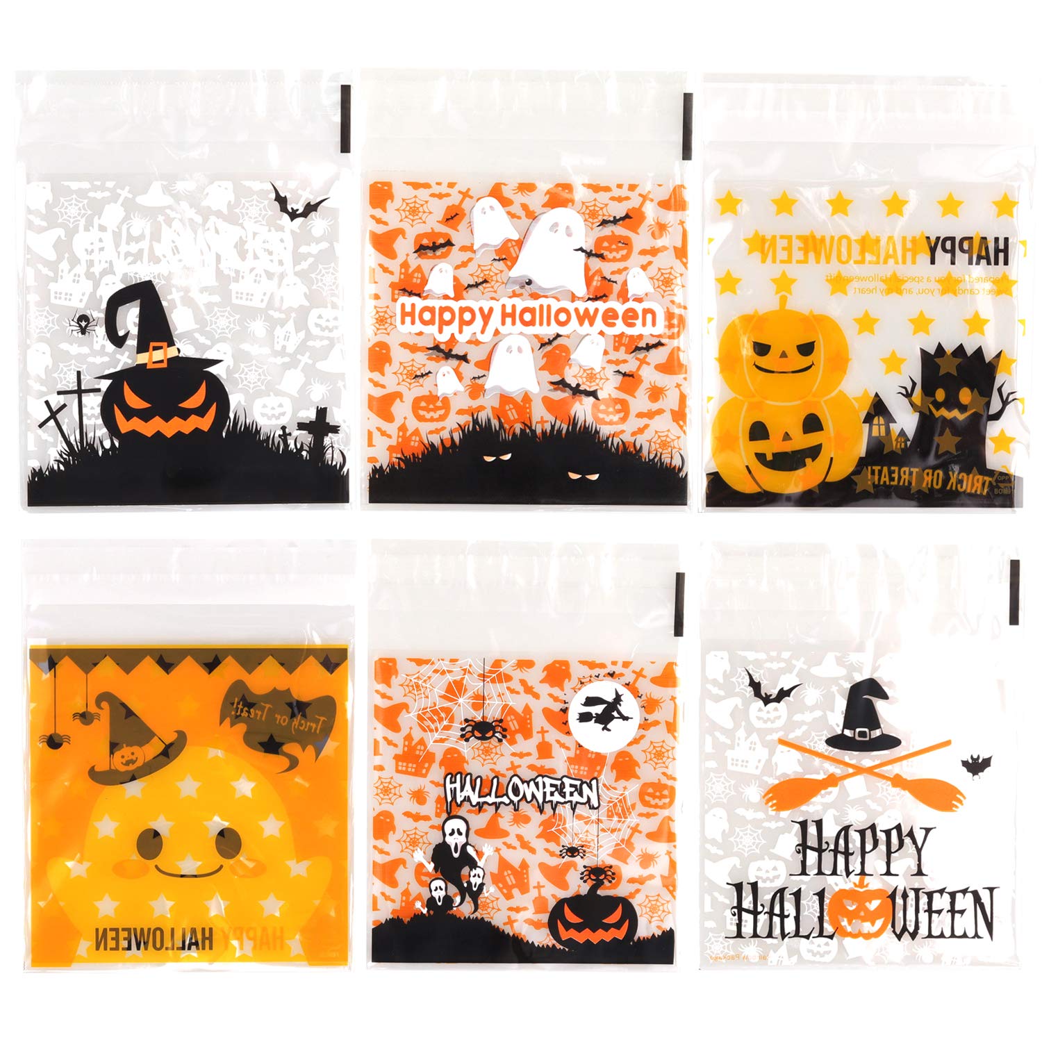 300 Pcs Halloween Treat Bags - Self Adhesive Clear Plastic Cellophane Candy Bags for Trick or Treat, Cookie & Snack Packaging - Perfect for Halloween Parties, Homemade Crafts, School Events & Gift Giving