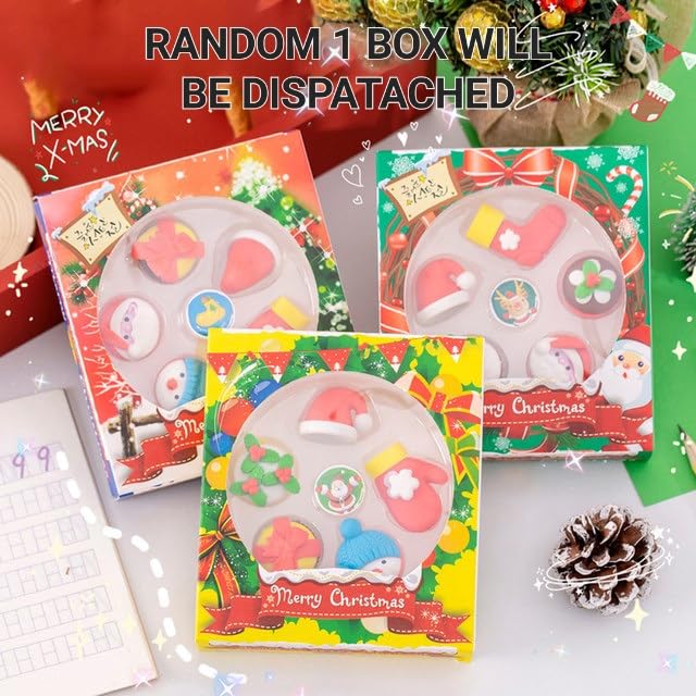 Festive Holiday Decorative Buckets - Christmas Gift Set for Kids & Adults, Santa Claus & Reindeer Themed, Includes 6 Christmas Pens & Erasers - Perfect for Stocking Stuffers, Party Favors, and Classroom Gifts