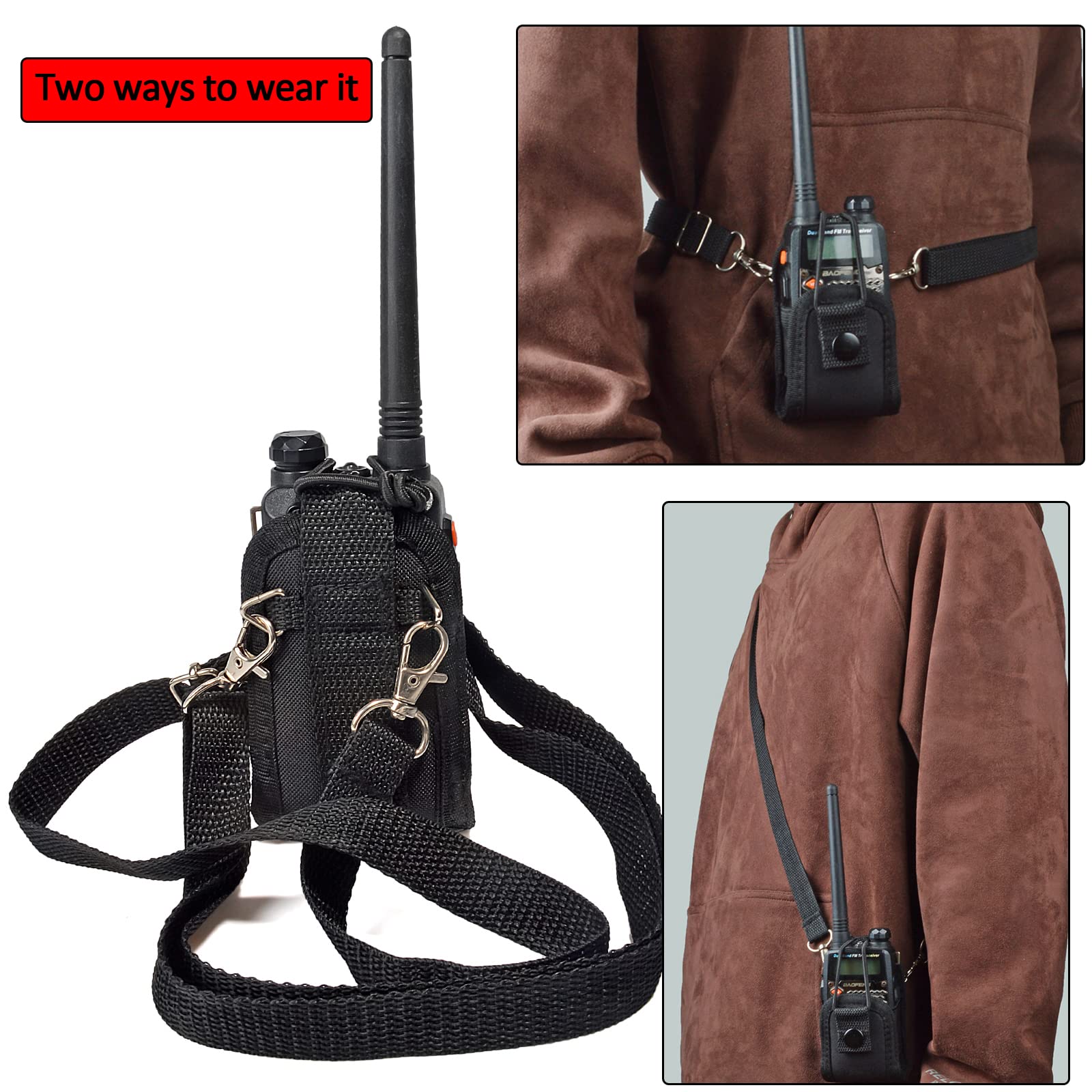 HYS Universal Radio Holster Belt Clip Case - Compatible with Baofeng UV5R, 888S, Motorola Talkabout, Midland, Cobra Walkie Talkies - Hands-Free Belt or Shoulder Strap Mount for Outdoor, Hiking, Camping, Security & Emergency Use