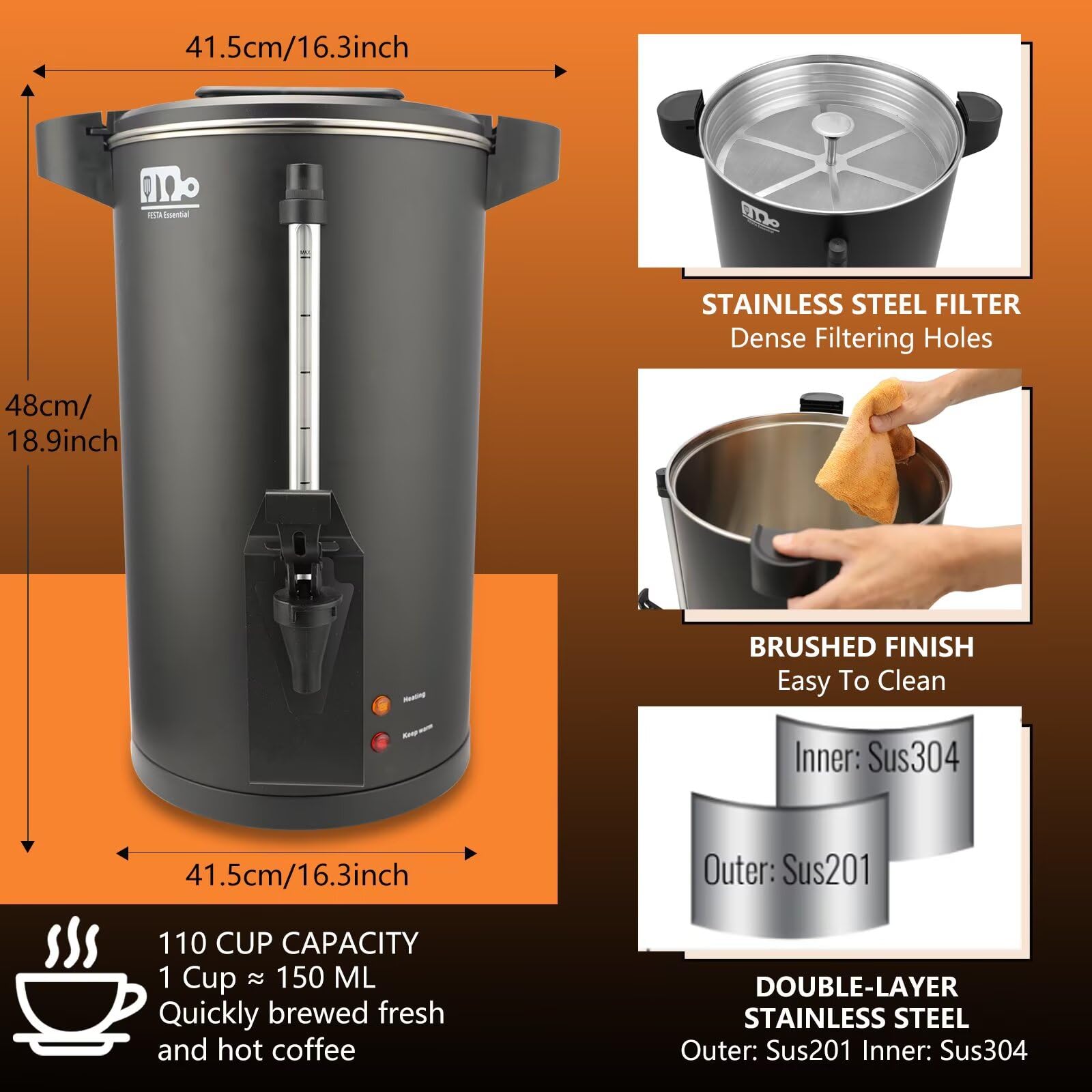 110-Cup 20L Commercial Coffee Urn - 1500W Stainless Steel Large Coffee Maker with Double Dripless Faucet, Fast Brewing for Catering, Events & Offices - Festa Essential Black Hot Water Dispenser