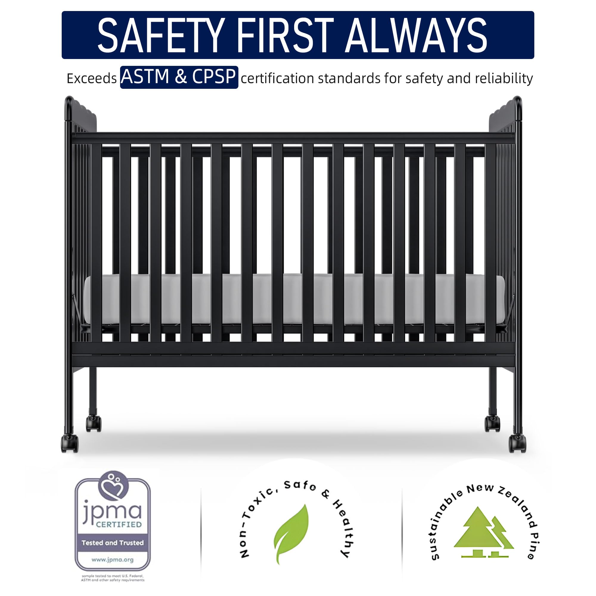 3-in-1 Convertible Baby Crib to Toddler Bed - Full Size Wooden Nursery Furniture with Locking Wheels & Non-Toxic Finish (Black) | Safe & Stylish Sleeping Solution for Newborns, Infants & Toddlers | Perfect for Daycare Centers & Home Nurseries