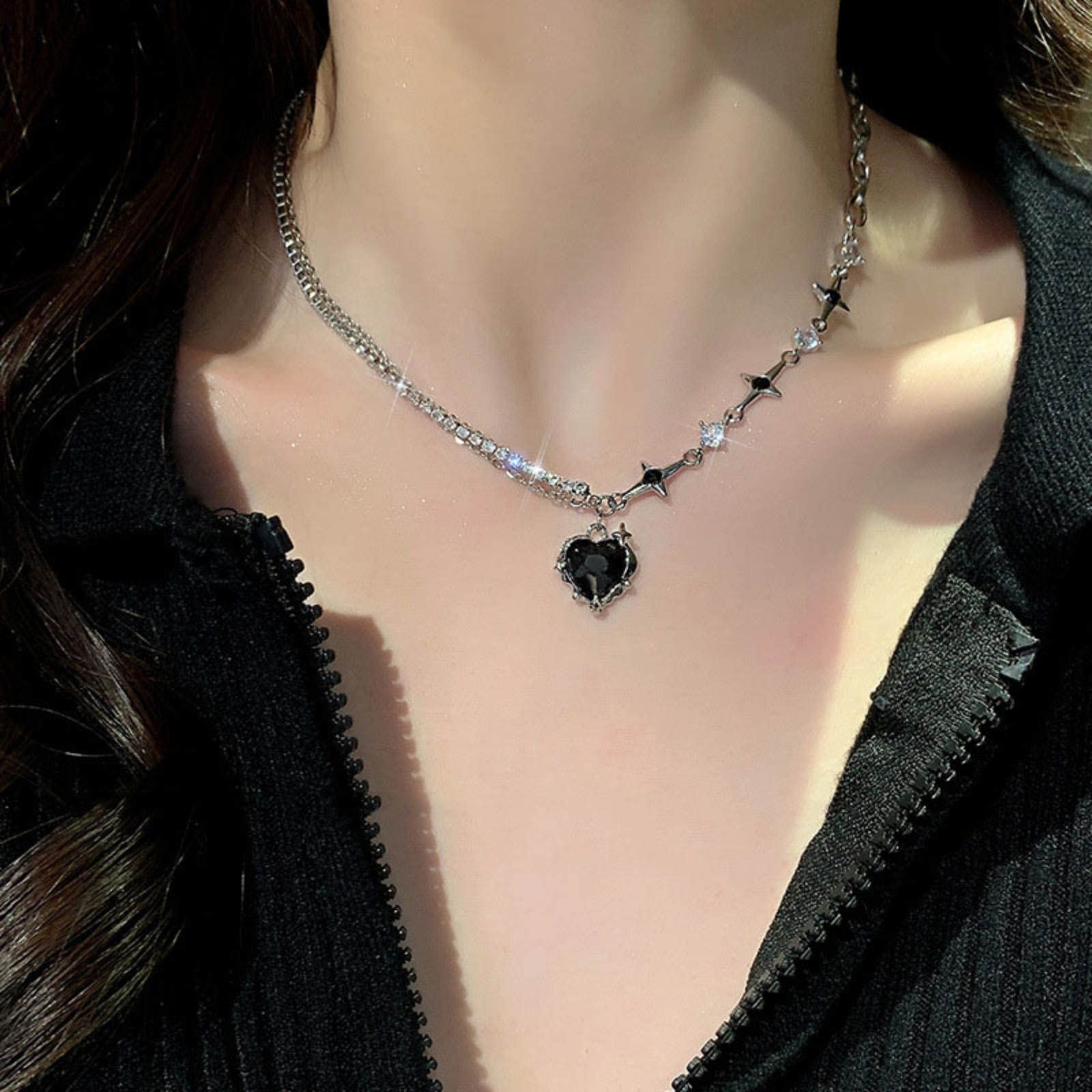 Y2K Heart Diamond Necklace for Women - Crystal Silver Pendant Aesthetic Asymmetric Jewelry - Perfect for Valentine's Day, Anniversary Gifts & Everyday Fashion