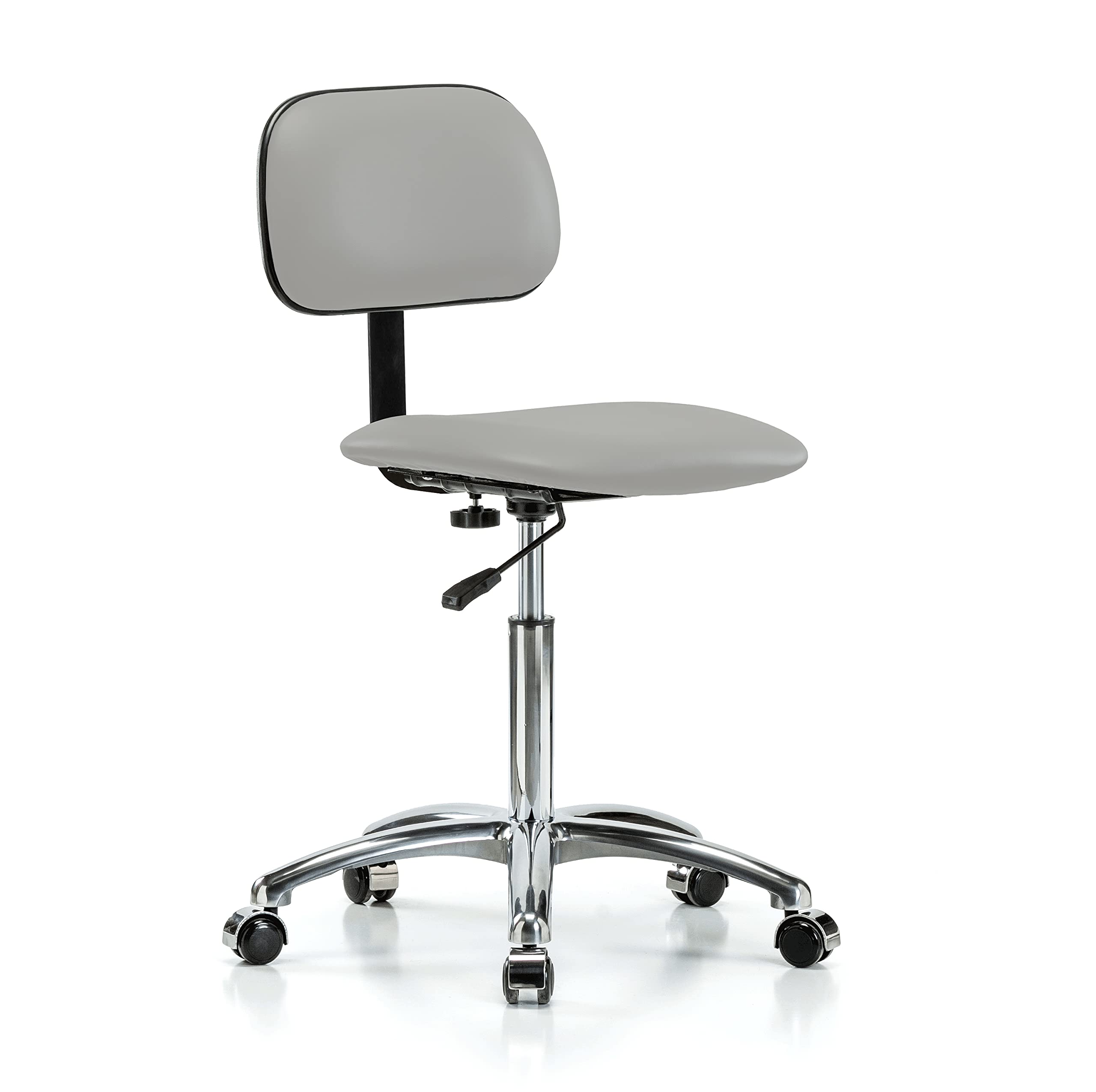 Adjustable Rolling Lab Chair with Grey Vinyl Seat - Ergonomic Chrome Stool for Workbenches, Laboratories & Home Offices - Perfect for Hardwood & Tile Floors