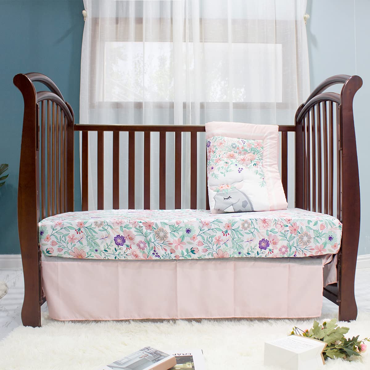 Pink and Grey Princess Baby Girl Crib Bedding Set - 3 Piece Mini Floral Nursery Crib Set for Girls | Soft & Safe Crib Sheets, Fitted Crib Skirt, Bumper | Perfect for Newborn Nursery, Baby Shower Gift, Toddler Bedroom Decor