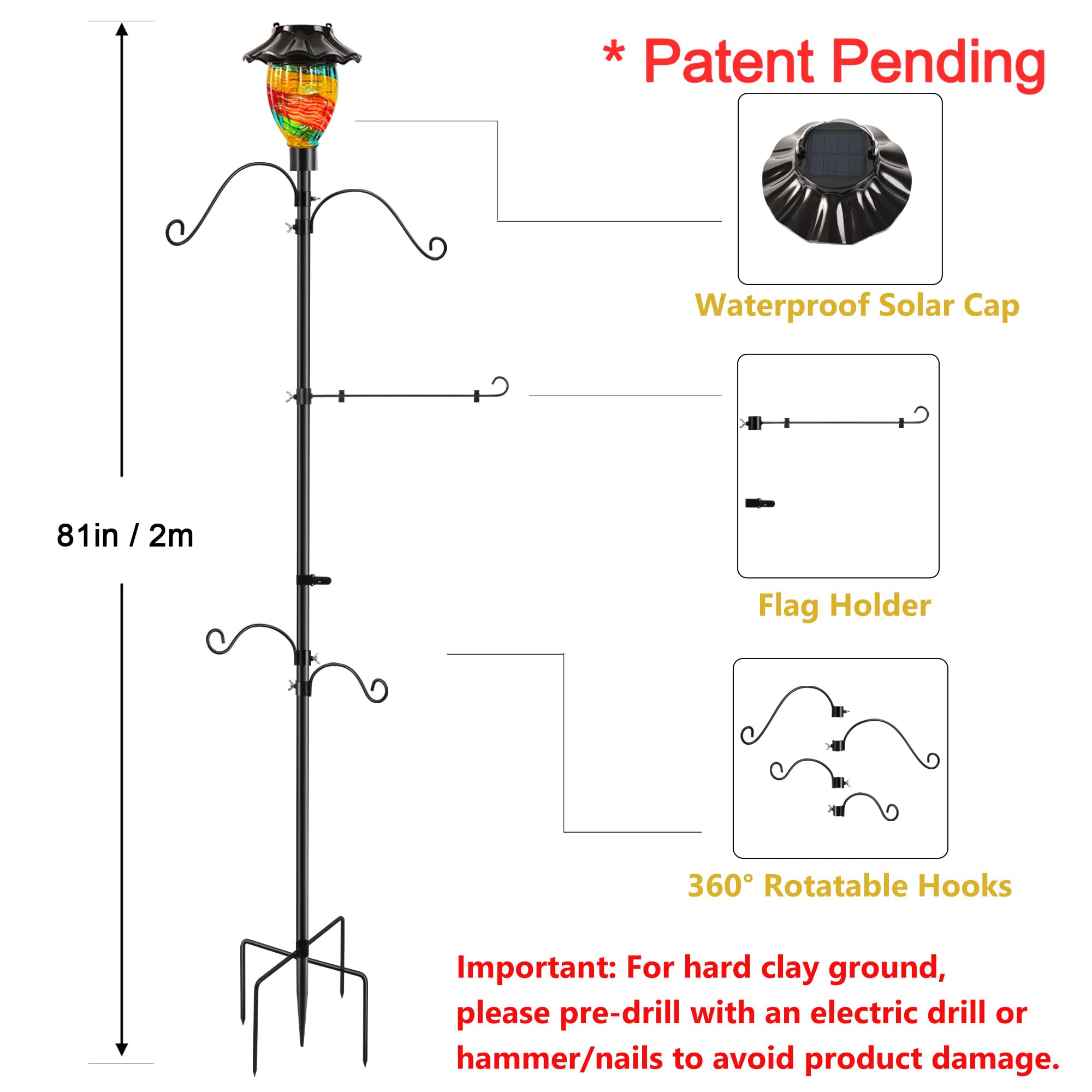 LUJII Solar Shepherd Hooks for Outdoor Garden - Adjustable Bird Feeder Pole with 4 Hangers & Flag Holder - Perfect for Hummingbird Feeders, Wind Chimes, Plant Baskets & Lanterns - Ideal for Patio, Yard & Backyard Decor (Includes Decorative Ribbon)