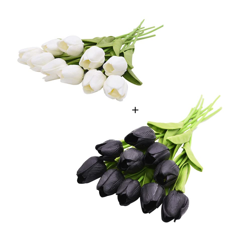 30 Pcs Real Touch PU Artificial Tulips Flowers - Black and White Fake Tulip Bouquet for Home, Office, Wedding & Party Decorations | Perfect for Centerpieces, Table Arrangements and Seasonal Home Decor