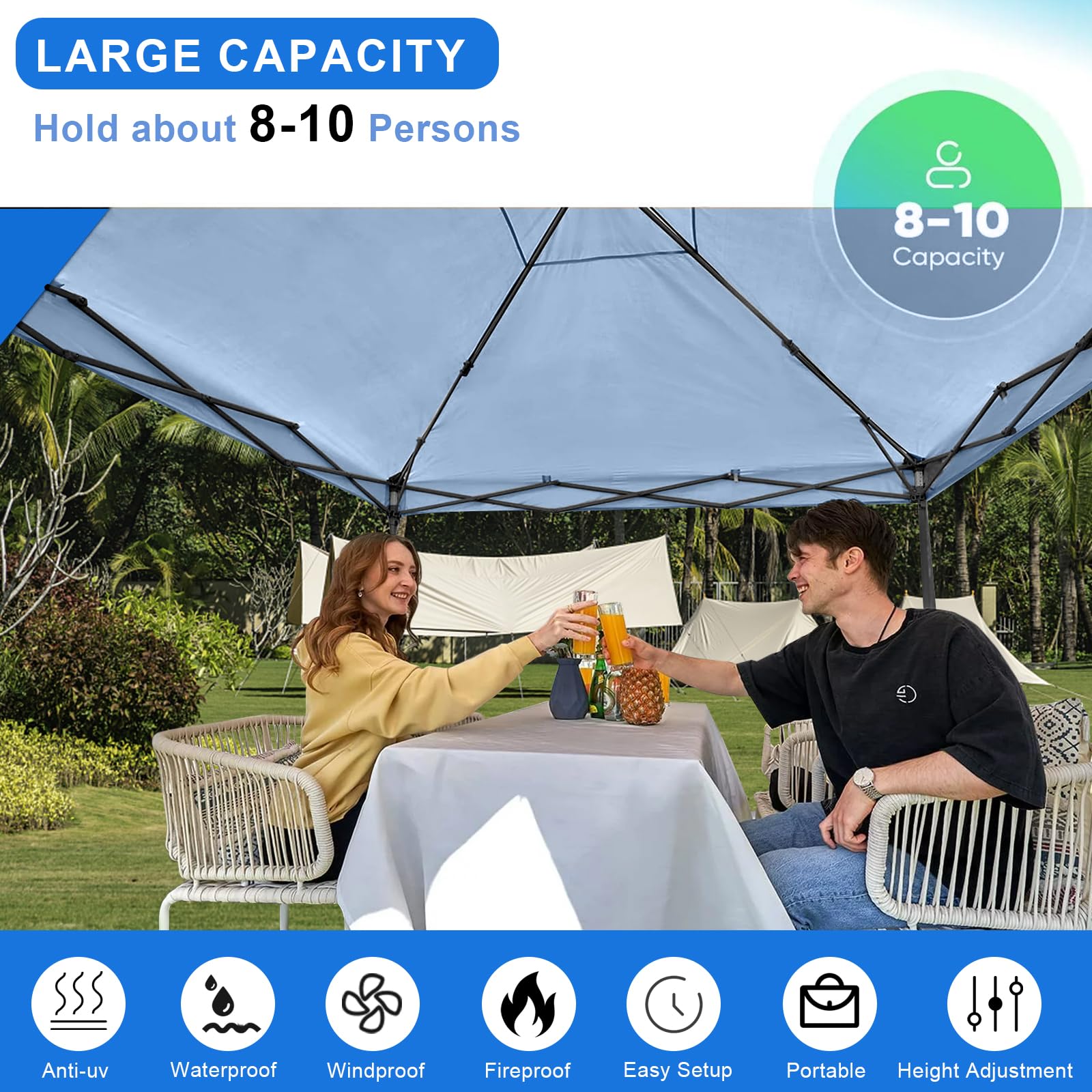 KAMPKEEPER 10x10 FT Pop Up Canopy Tent with 2 Sidewalls - Portable Instant Shelter for Beach, Camping, Backyard, Picnic & Outdoor Events - Includes 4 Weight Bags & Carry Bag - Waterproof UV Protection Sun Shade Gazebo (Blue)
