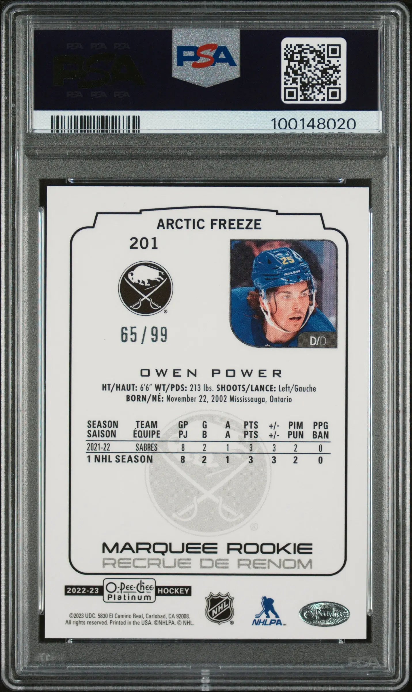 2022 O Pee Chee Platinum Owen Power Marquee Rookie Arctic Freeze PSA 10 /99 Hockey Card - Rare Collectible for Sports Memorabilia & Trading Card Enthusiasts - Perfect for Display, Investment, and Gifting