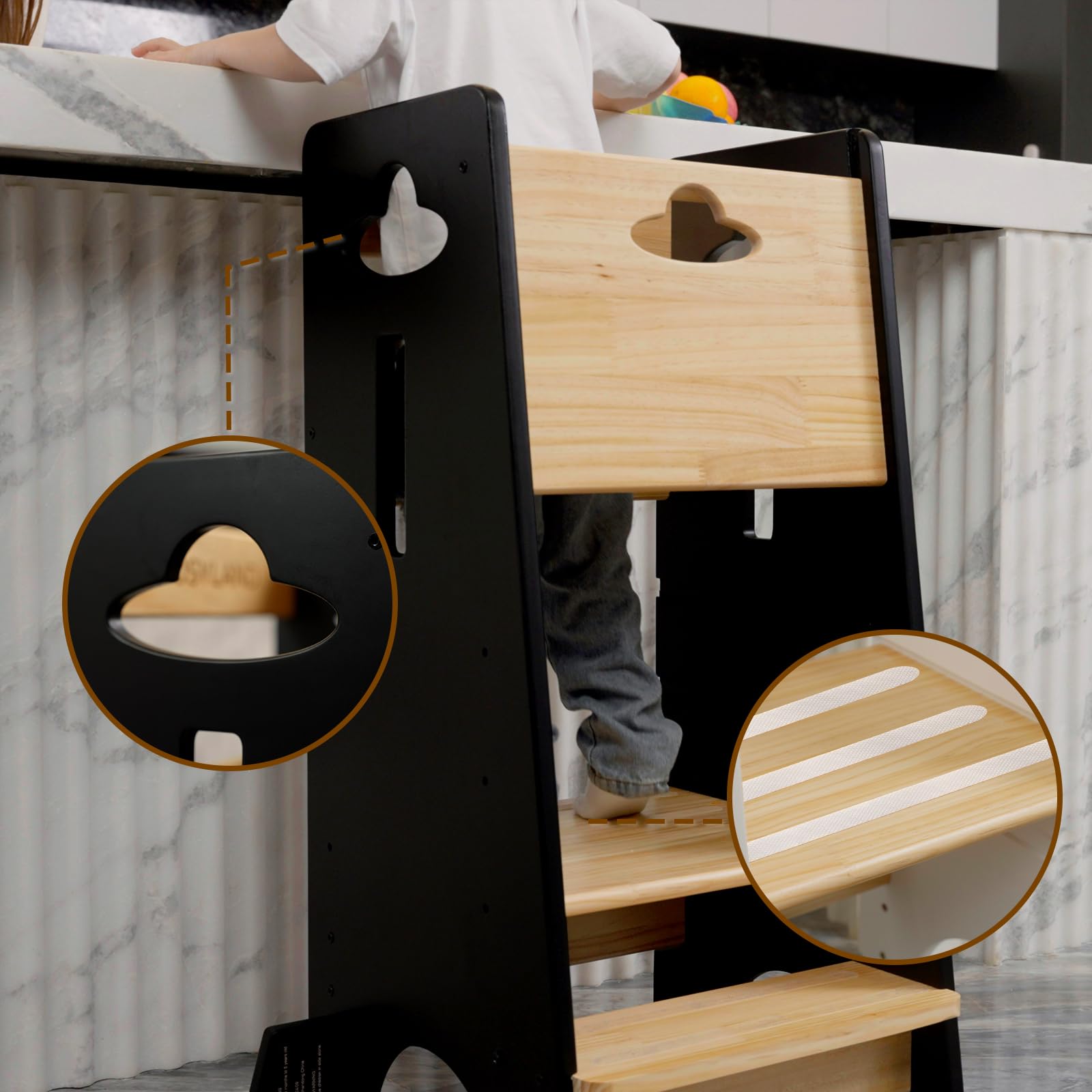 COSYLAND Adjustable Toddler Learning Tower - Sturdy Wooden Kitchen Helper Stool for Kids with 3 Height Levels (Natural & Black) - Perfect for Baking, Cooking & Learning Independence in the Kitchen