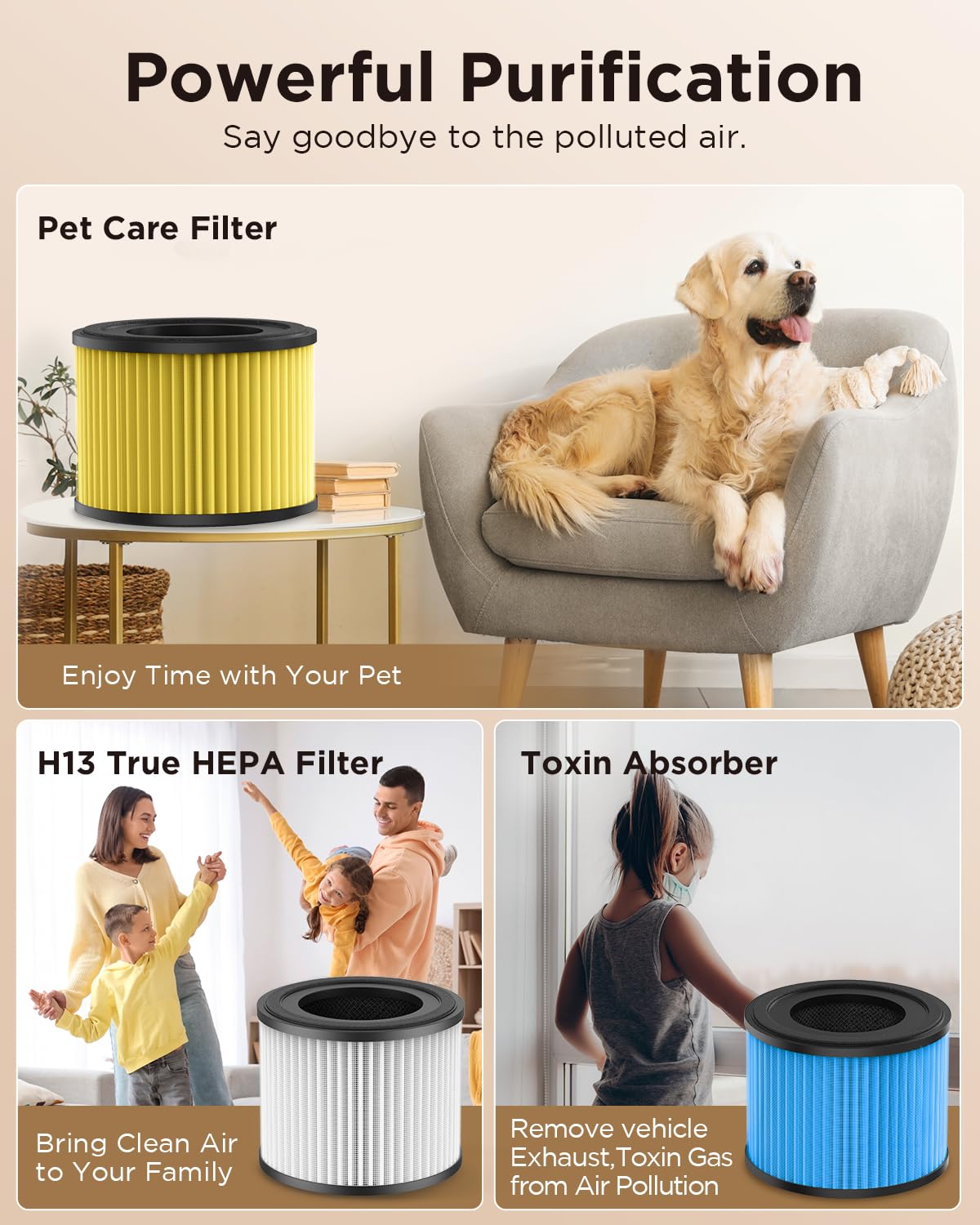 MOOKA AP-S0610L True HEPA Air Purifier with 3-in-1 Filter - Removes Pet Dander, Smoke, Odor, Pollen & Allergens - High Efficiency Activated Carbon Filter for Home, Office & Bedroom Use