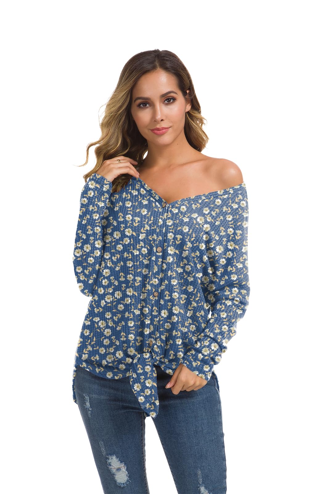 IWOLLENCE Women's Waffle Knit Tunic Blouse - Loose Fit Batwing Sleeve Henley Top with Tie Knot Detail | Casual Office Wear & Weekend Outfits