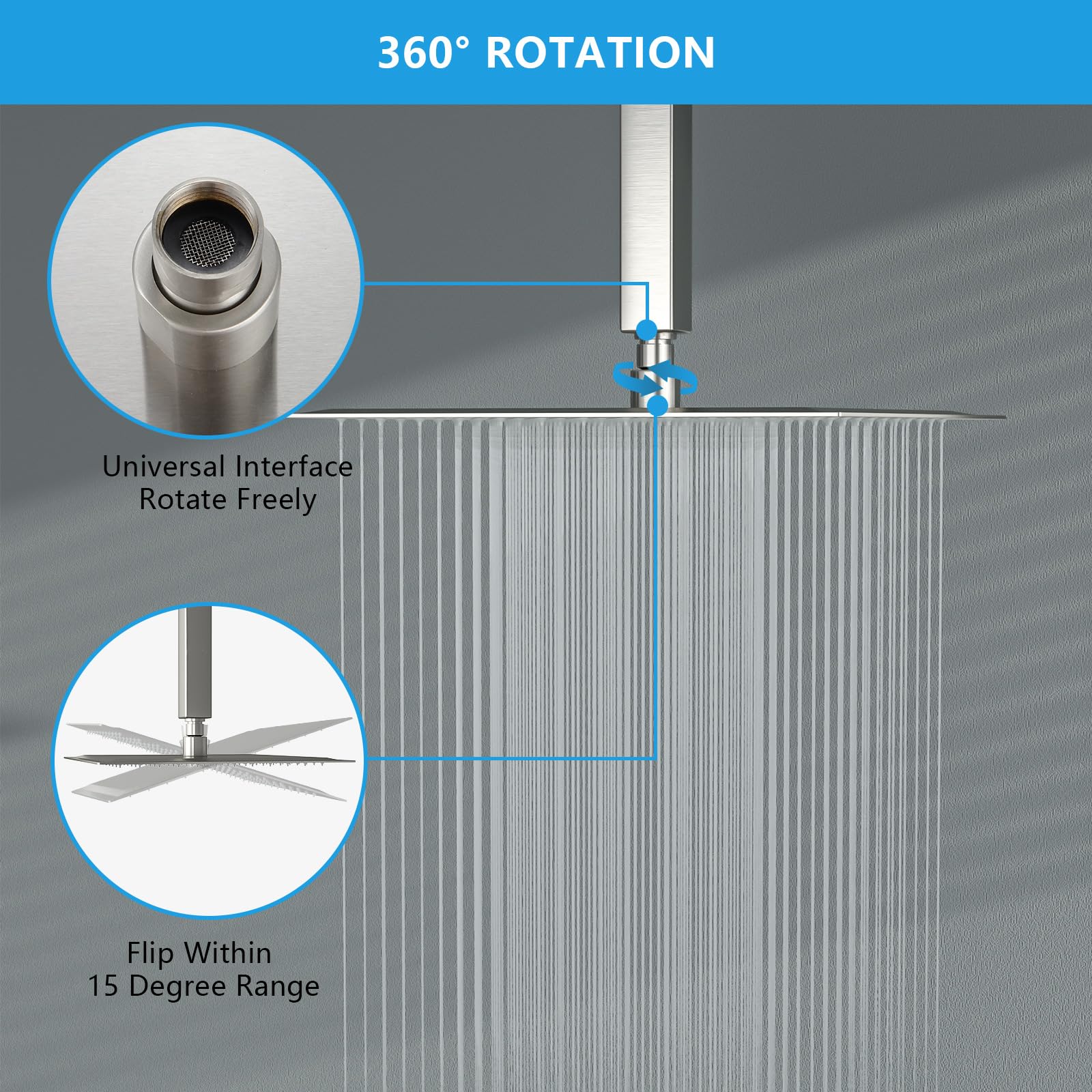 Lordear 10 Inch Square Rain Shower Head - High Pressure Waterfall Showerhead with Brushed Nickel Finish, 304 Stainless Steel - Perfect for Spa-Like Bathroom Experience & Luxury Home Upgrade